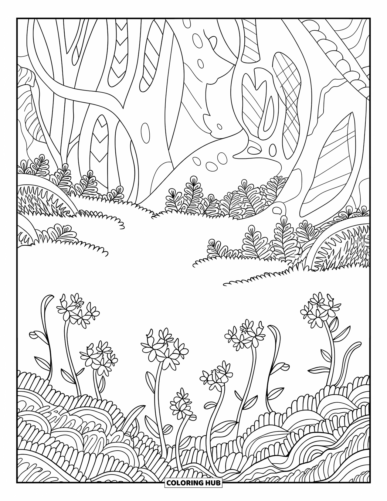 Jungle Coloring Page for Adults: A peaceful jungle clearing with blooming wildflowers and intricate tree patterns