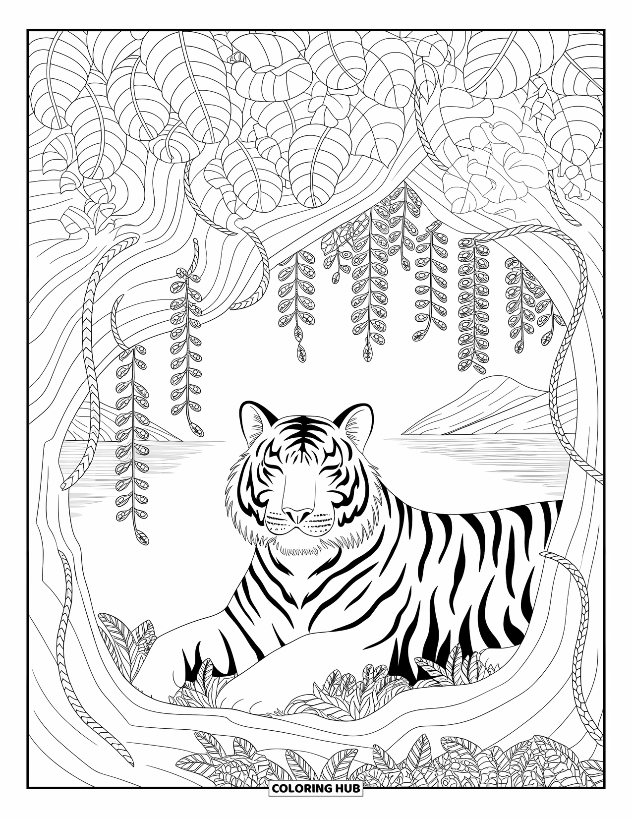 Jungle Coloring Page for Adults: A peaceful tiger lies under jungle trees with round leaves and a calm distant landscape