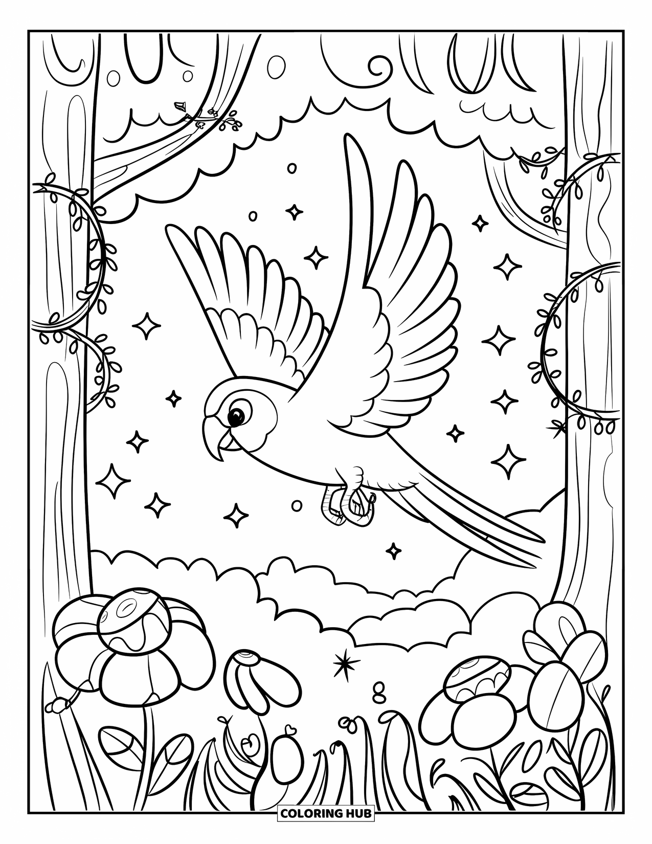 Jungle Coloring Page for Adults: A playful parrot flutters above a jungle clearing filled with giant flowers and vines