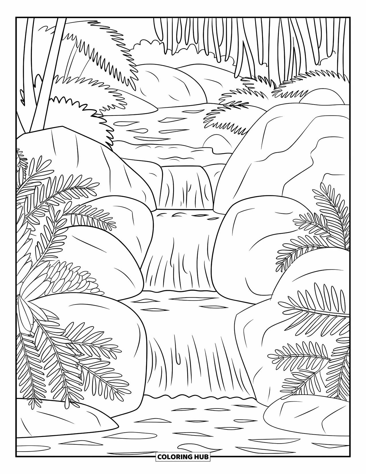 Jungle Coloring Page for Adults: A quiet jungle waterfall flows over rocks among dense foliage and tall ferns