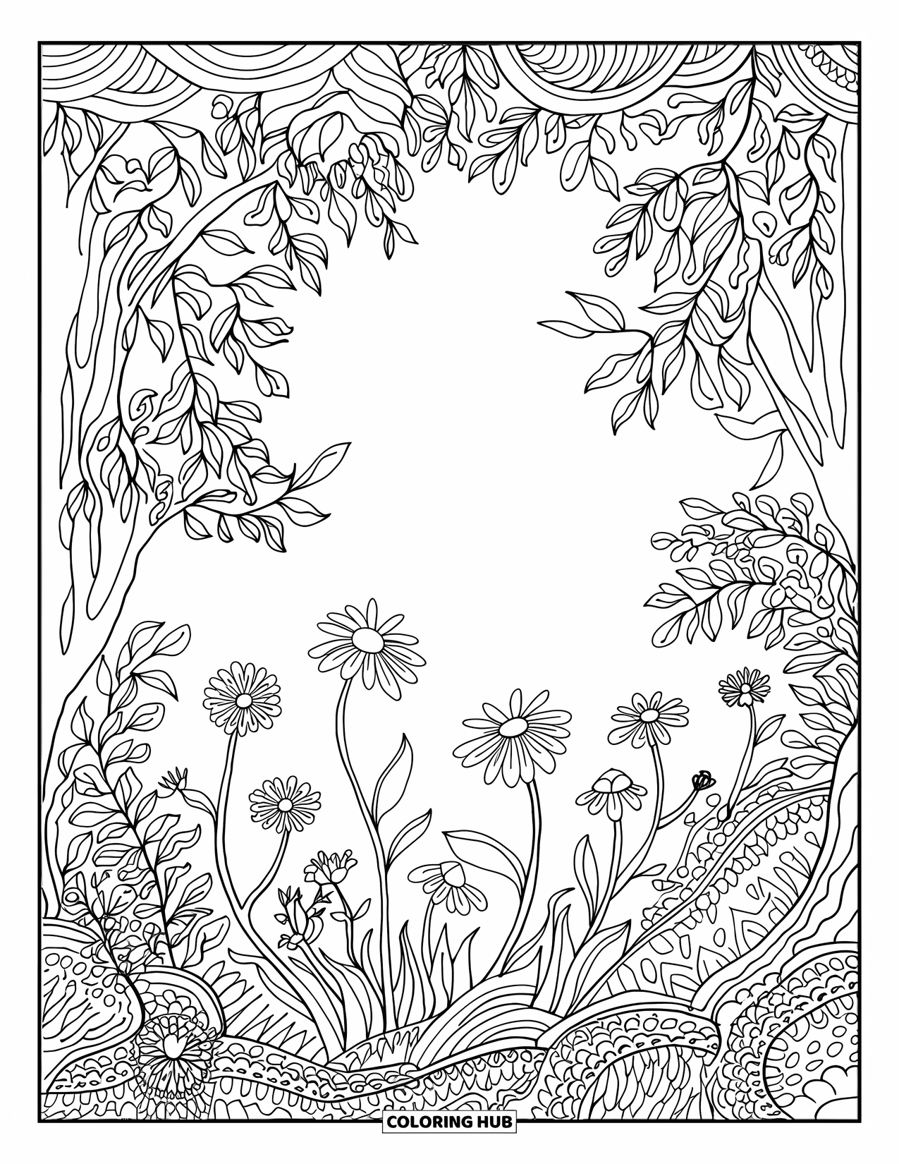 Jungle Coloring Page for Adults: A serene jungle clearing filled with wildflowers, lush plants, and artistic details