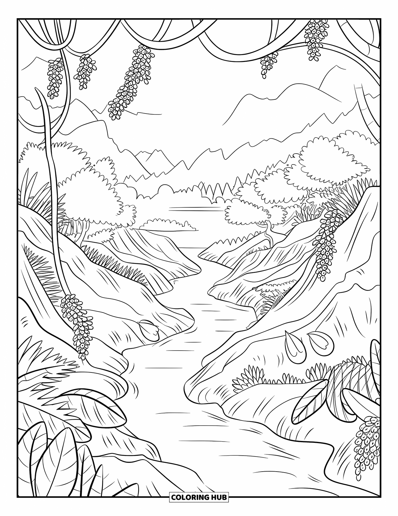 Jungle Coloring Page for Adults: A serene river curves through a jungle valley with overhanging branches and tall trees