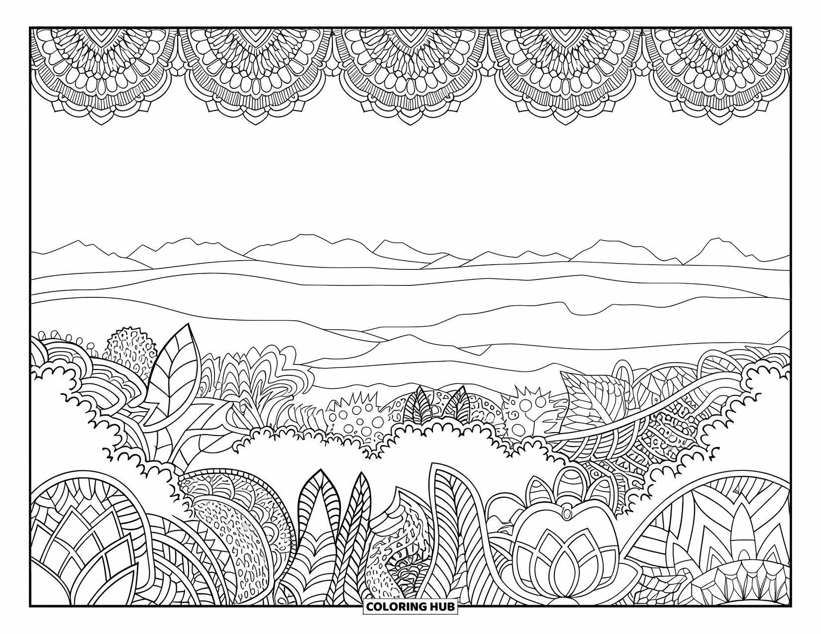 Jungle Coloring Page for Adults: A sweeping jungle view with mountains and forest decorated with intricate artistic patterns