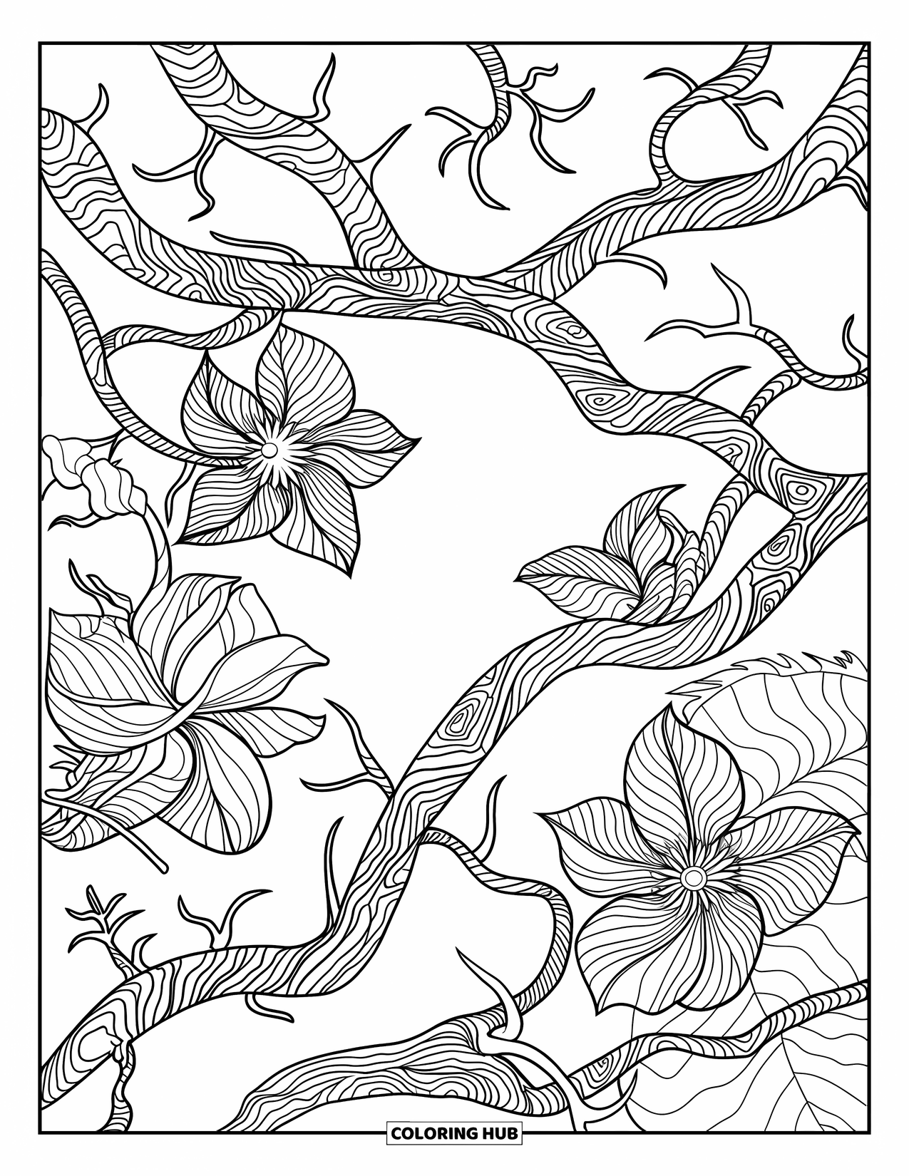 Jungle Coloring Page for Adults: A tropical canopy view with twisted vines, interwoven branches, and bold flowers