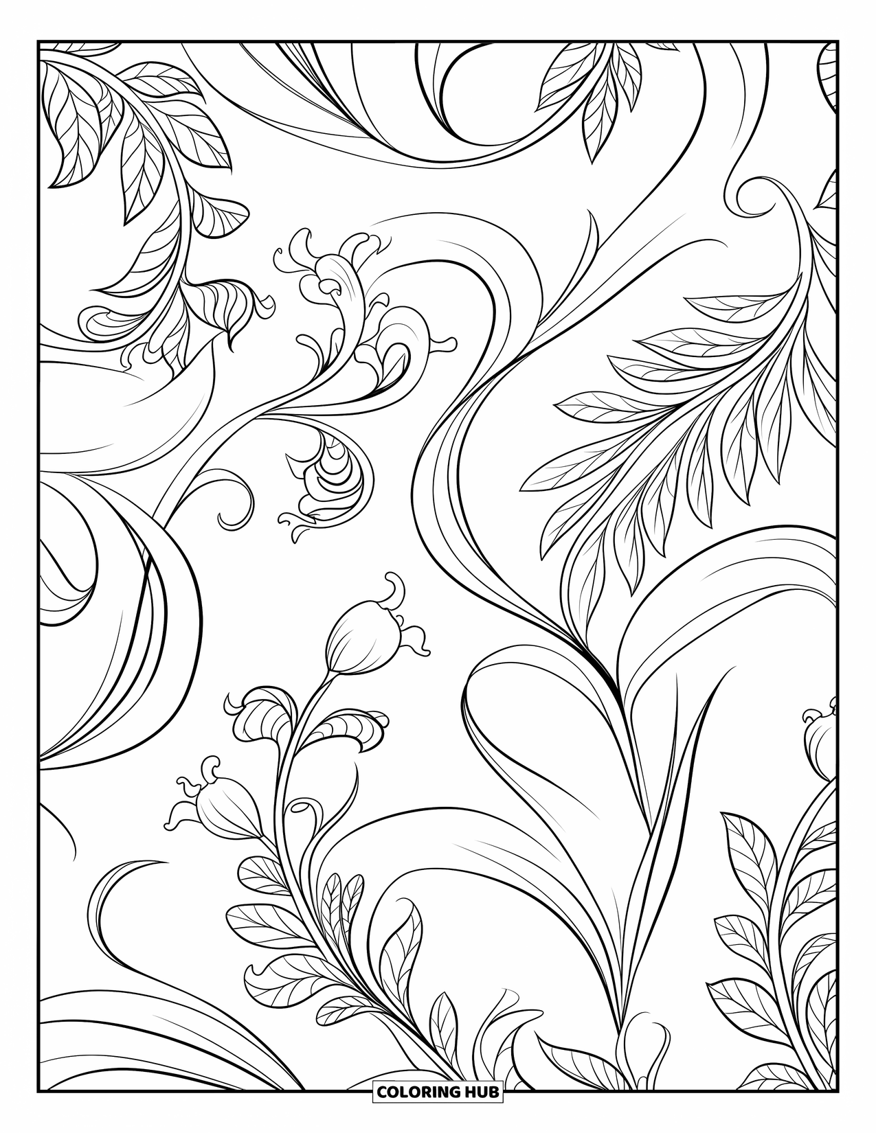 Jungle Coloring Page for Adults: An intricate pattern of jungle vines and delicate flowers intertwined together
