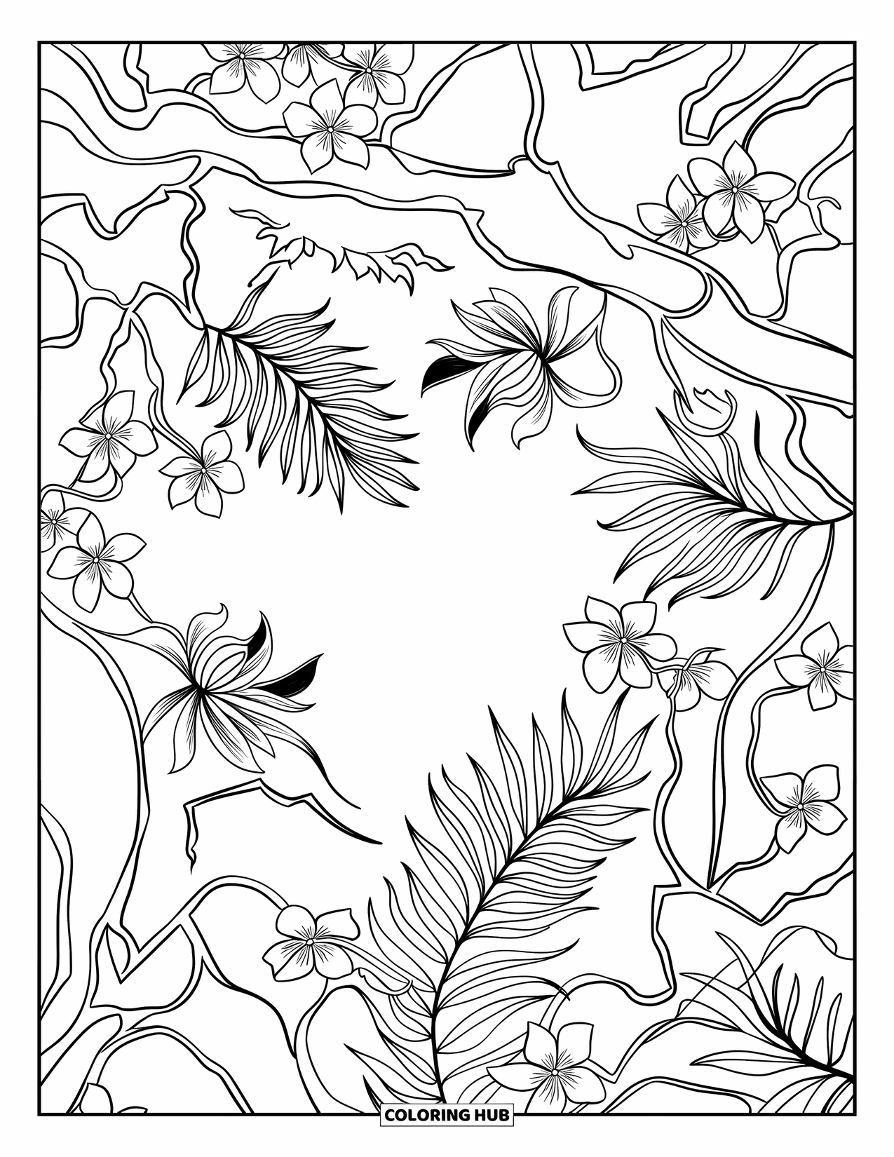 Jungle Coloring Page for Adults: An overhead view of tropical branches, twisting vines, and exotic flowers