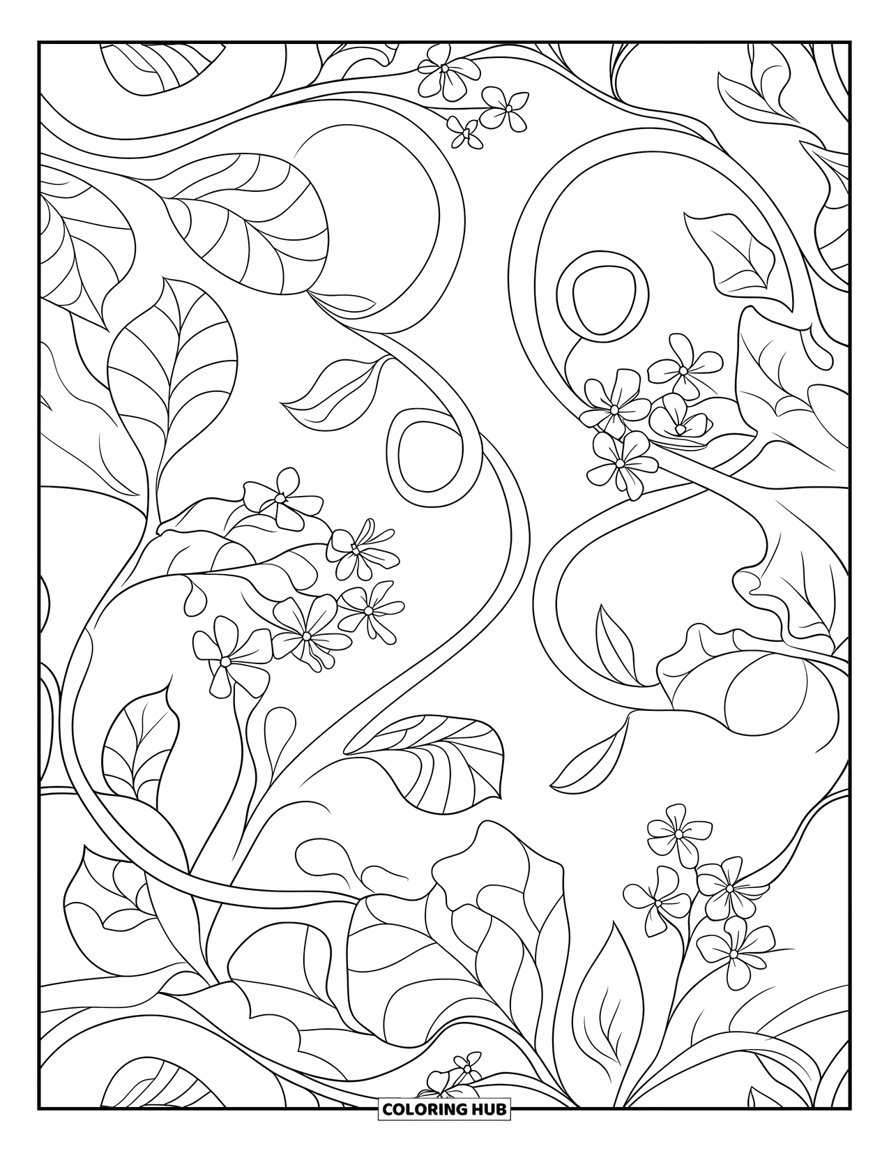 Jungle Coloring Page for Adults: Elegant jungle vines and delicate flowers weave through a detailed close-up design