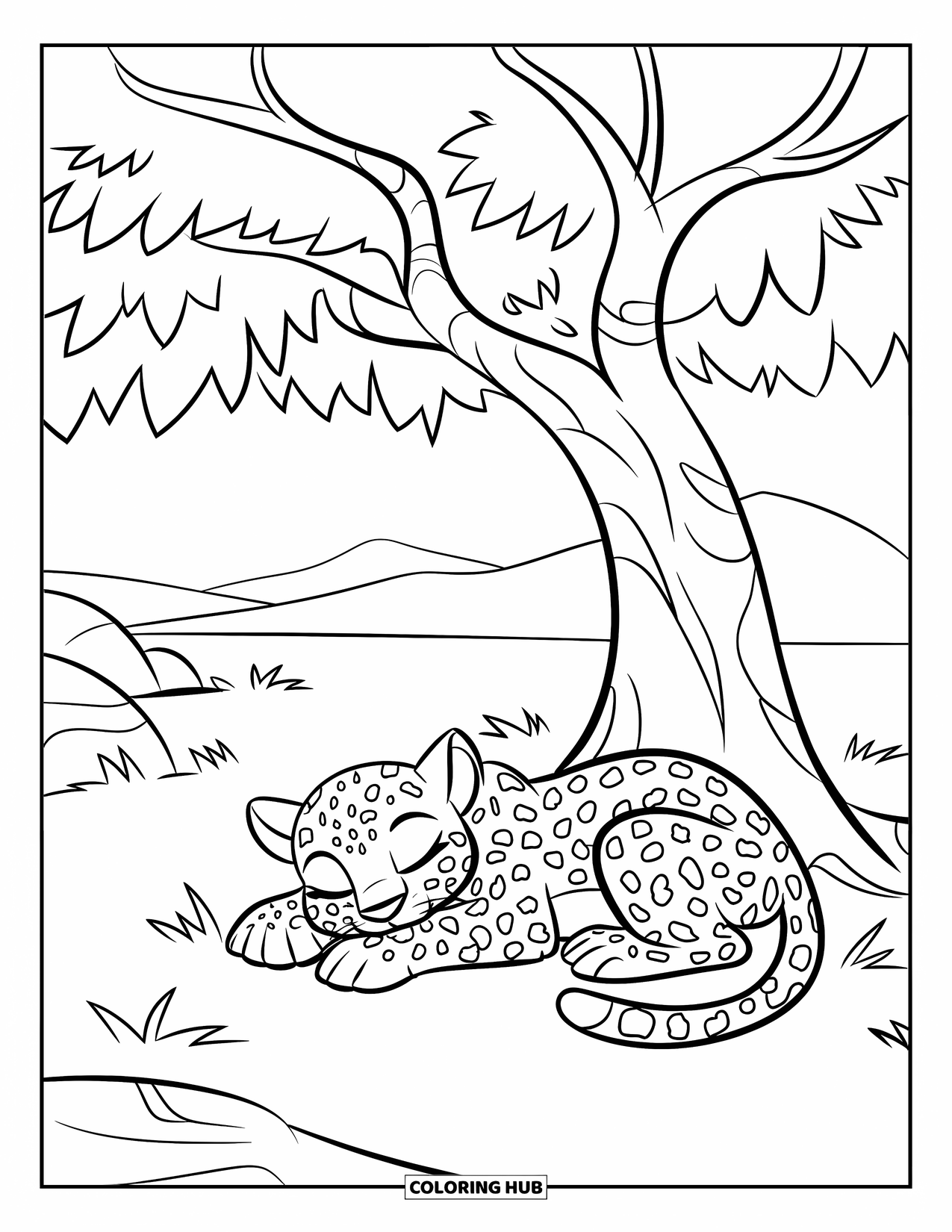 Jungle Coloring Page for Kids: A baby leopard naps peacefully under a shady tree on a grassy field