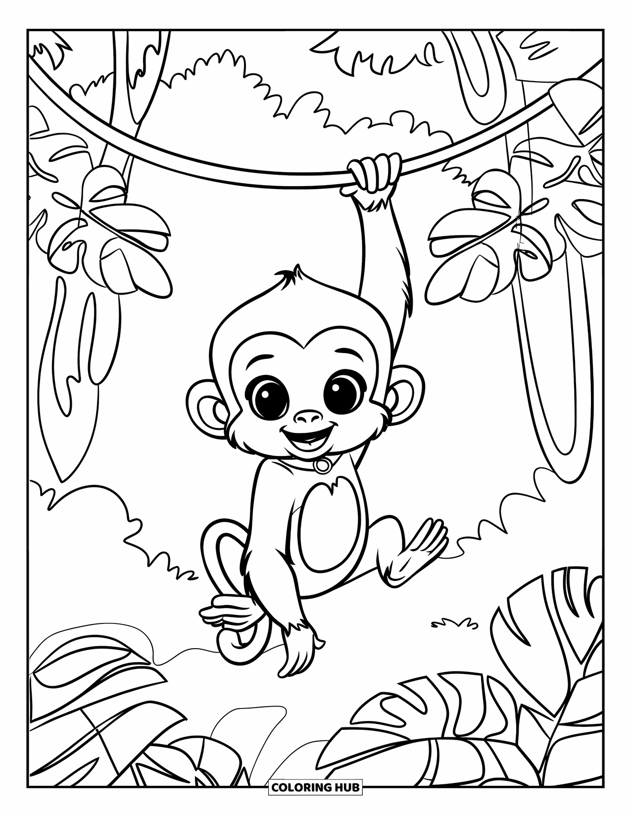 Jungle Coloring Page for Kids: A baby monkey wearing a collar hangs from a vine in a dense jungle