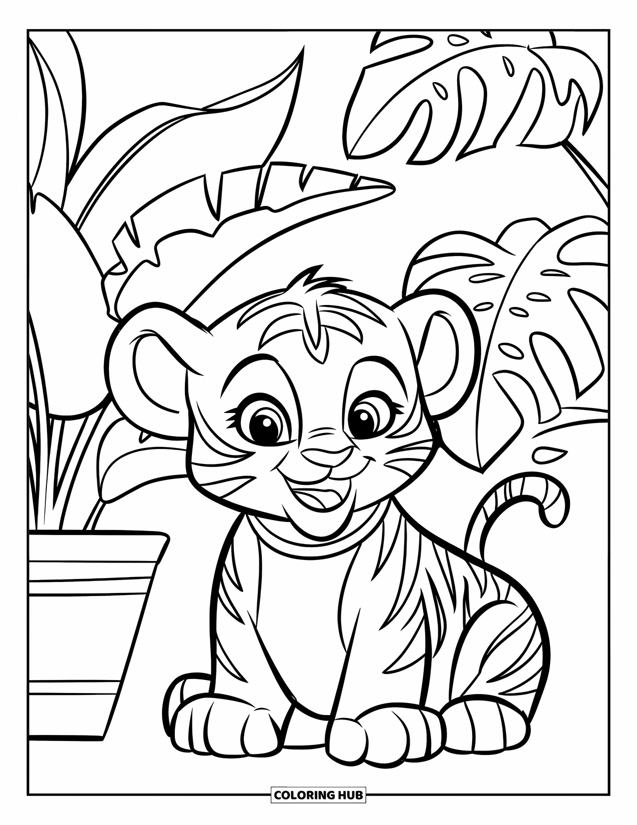 Jungle Coloring Page for Kids: A cheerful tiger cub with a collar sits beside potted tropical plants