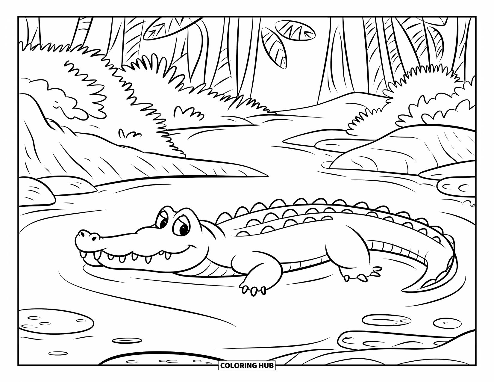 Jungle Coloring Page for Kids: A crocodile floats with its mouth open, surrounded by lush greenery and smooth stones