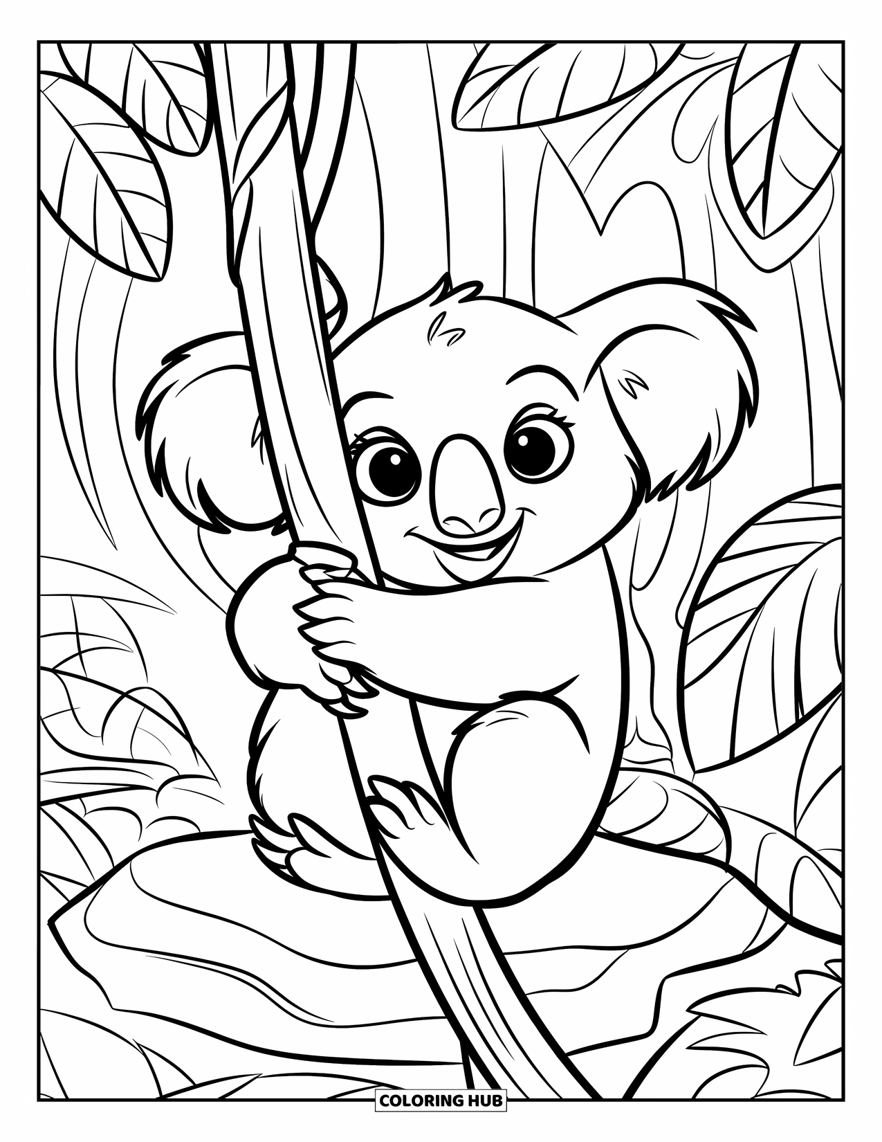 Jungle Coloring Page for Kids: A cute koala hugs a thick vine surrounded by dense jungle greenery