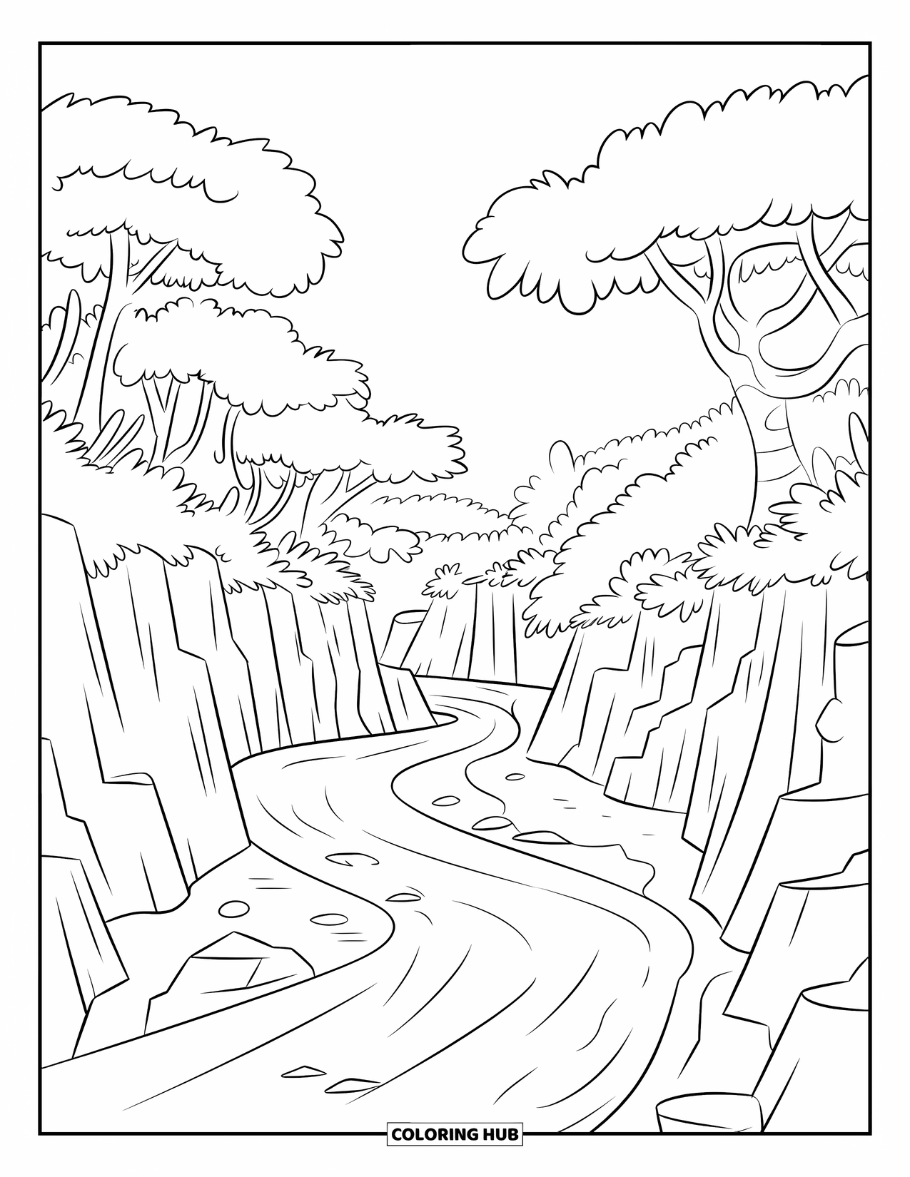 Jungle Coloring Page for Kids: A fast-flowing jungle river winds between thick trees and rocky cliffs