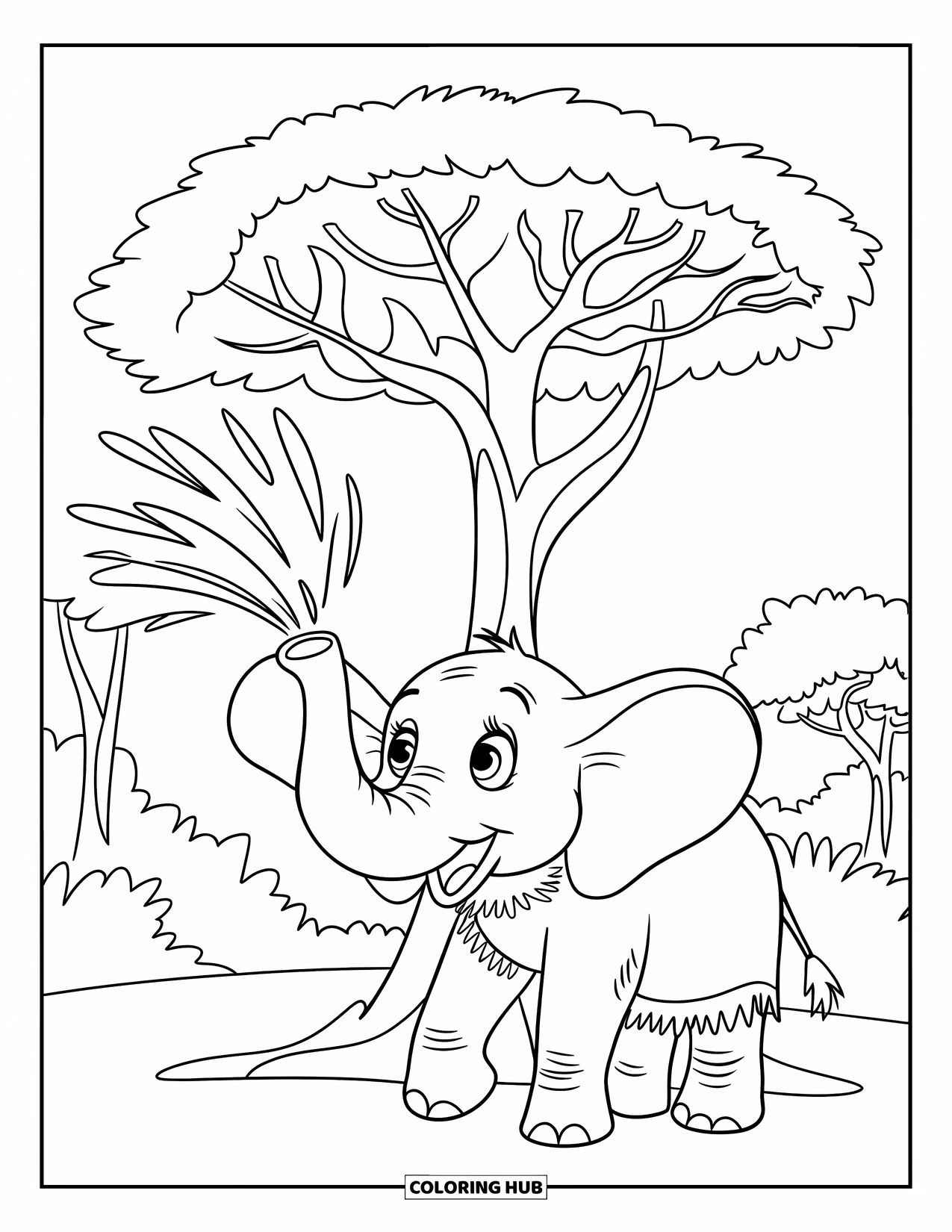 Jungle Coloring Page for Kids: A friendly elephant sprays water under a tall jungle tree with lush leaves