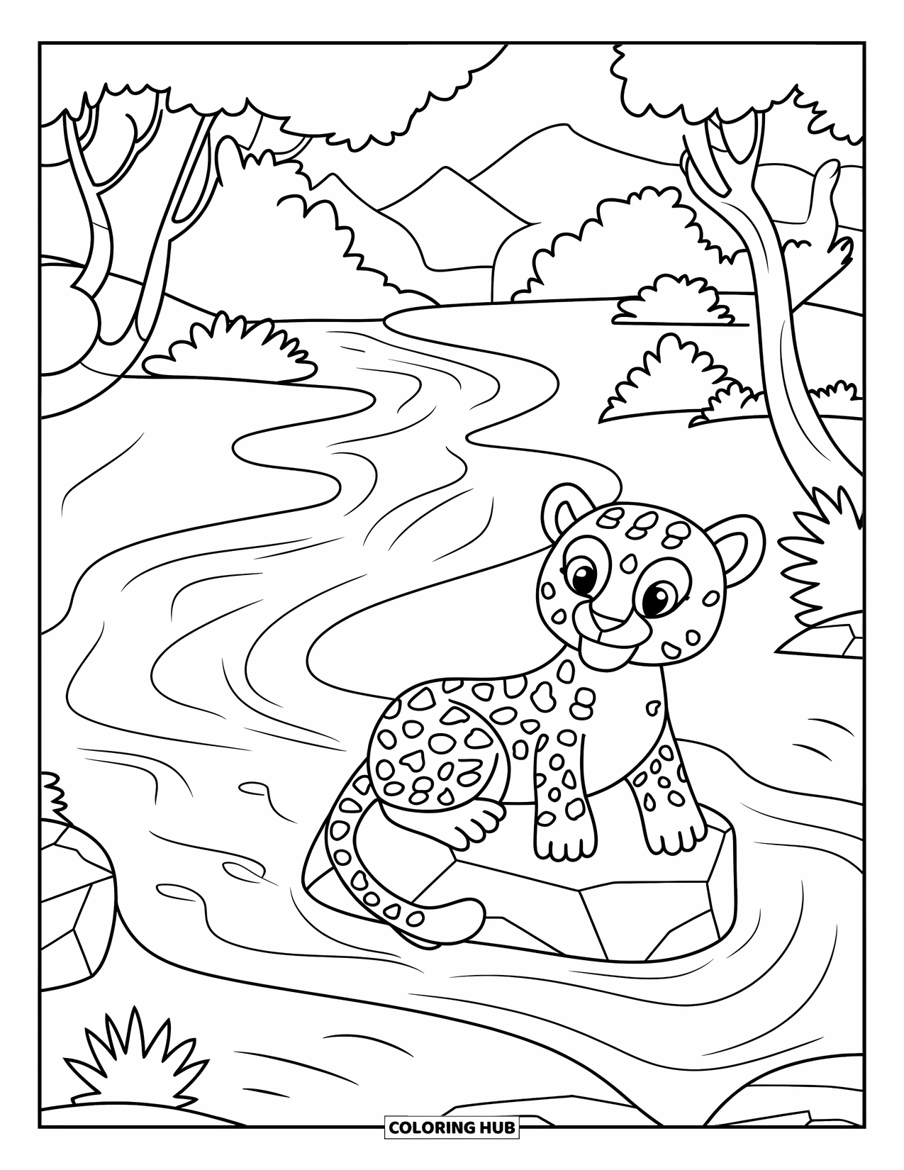 Jungle Coloring Page for Kids: A friendly jaguar relaxes on a rock near a flowing jungle river
