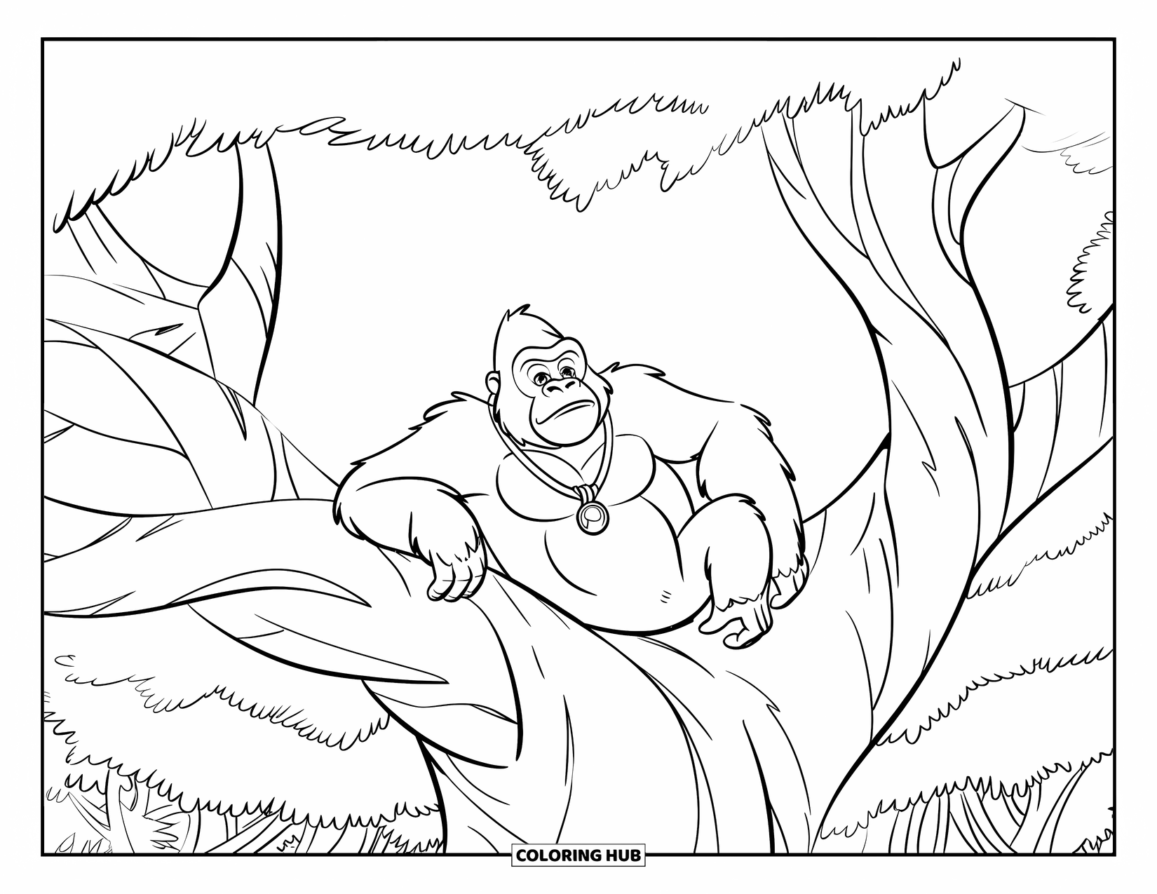 Jungle Coloring Page for Kids: A gorilla wearing a pendant lounges on a tree branch surrounded by a lush forest
