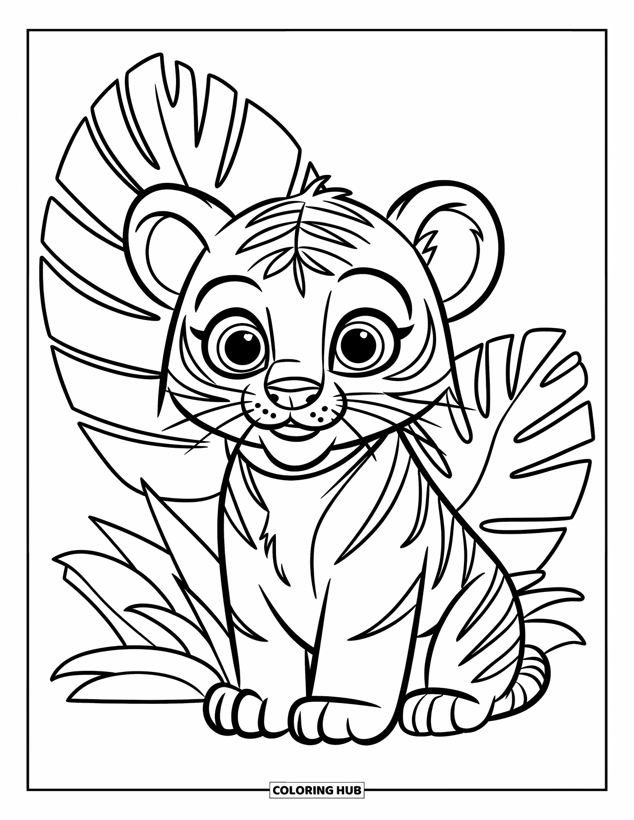 Jungle Coloring Page for Kids: A happy tiger cub sits beside tropical plants with big bold leaves