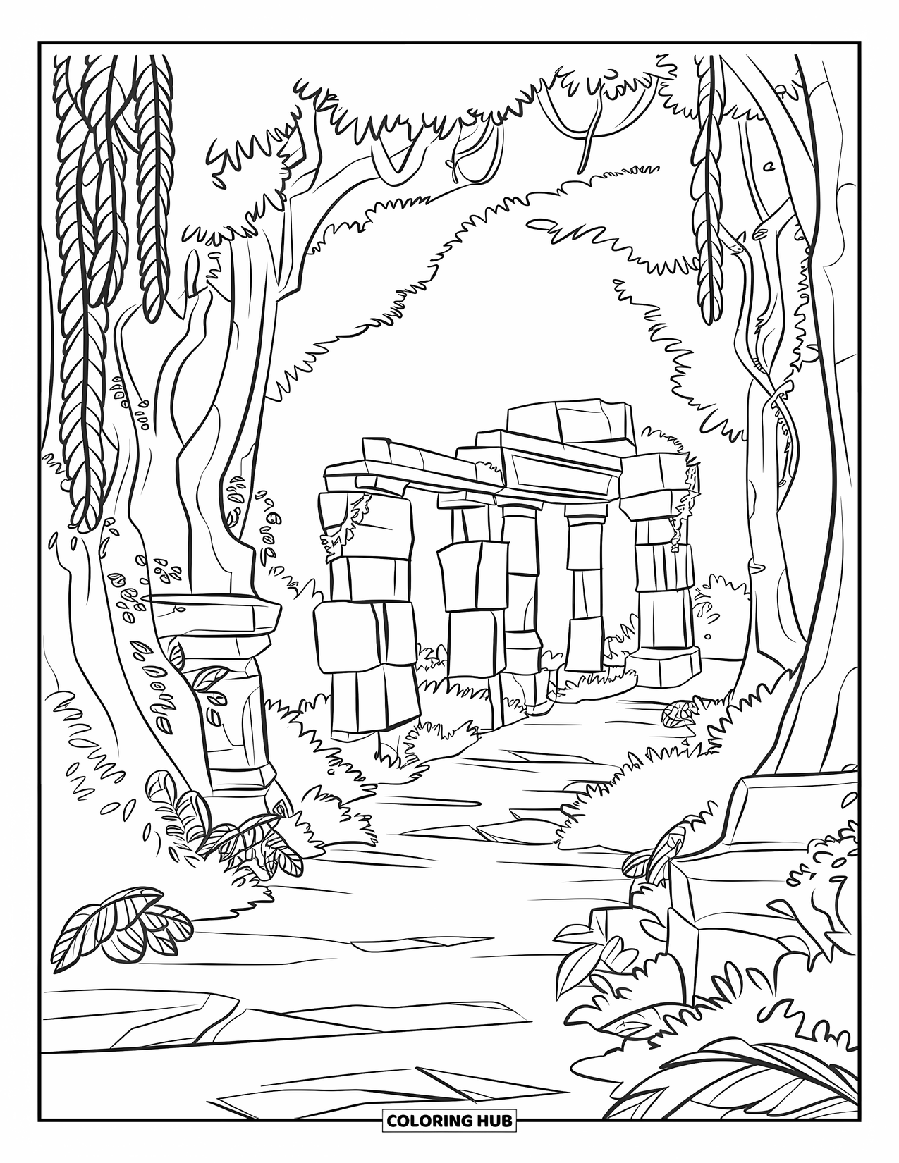 Jungle Coloring Page for Kids: A jungle path winds toward hidden ancient stone ruins covered in vines