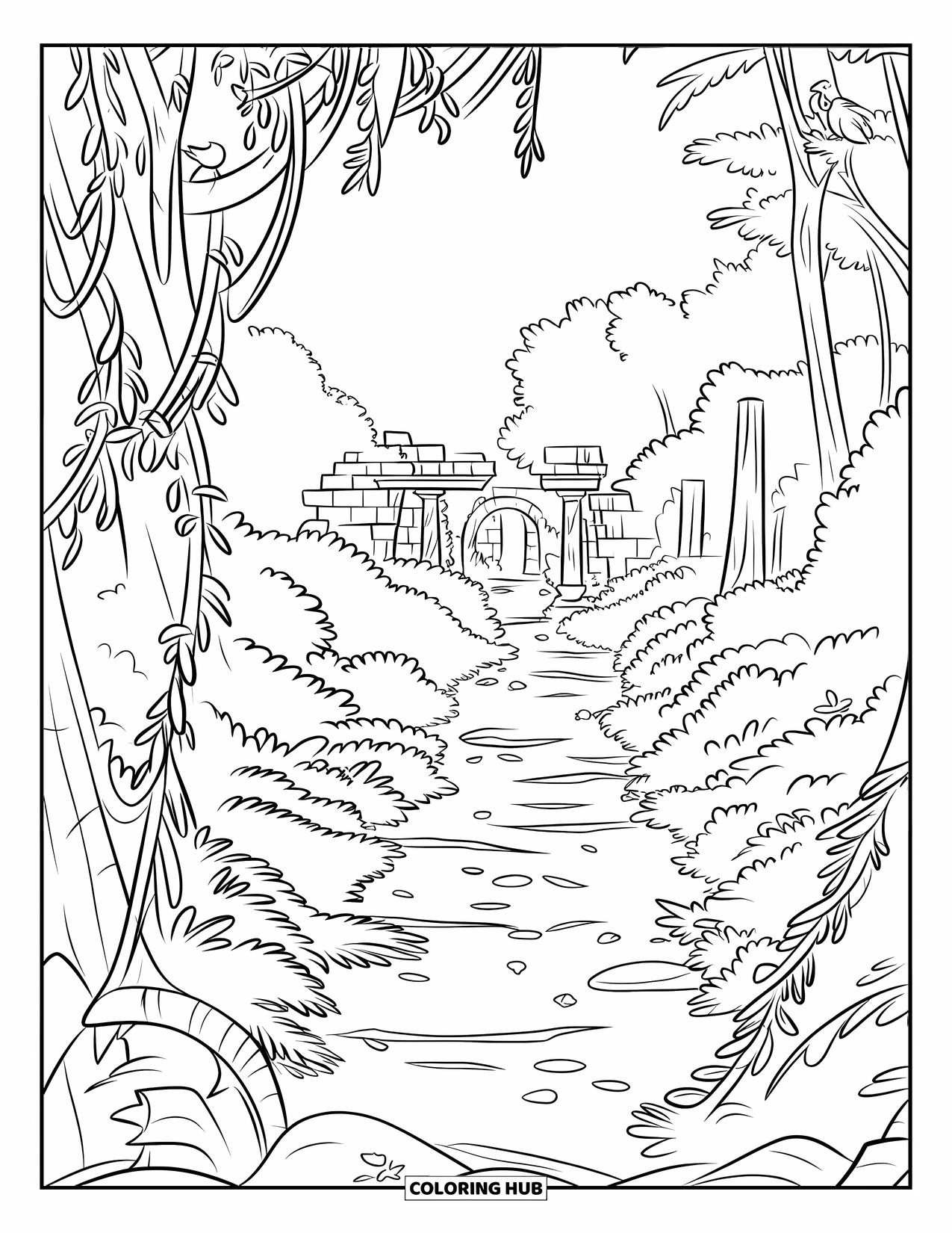 Jungle Coloring Page for Kids: A jungle path with fallen branches leads to ancient stone ruins and columns
