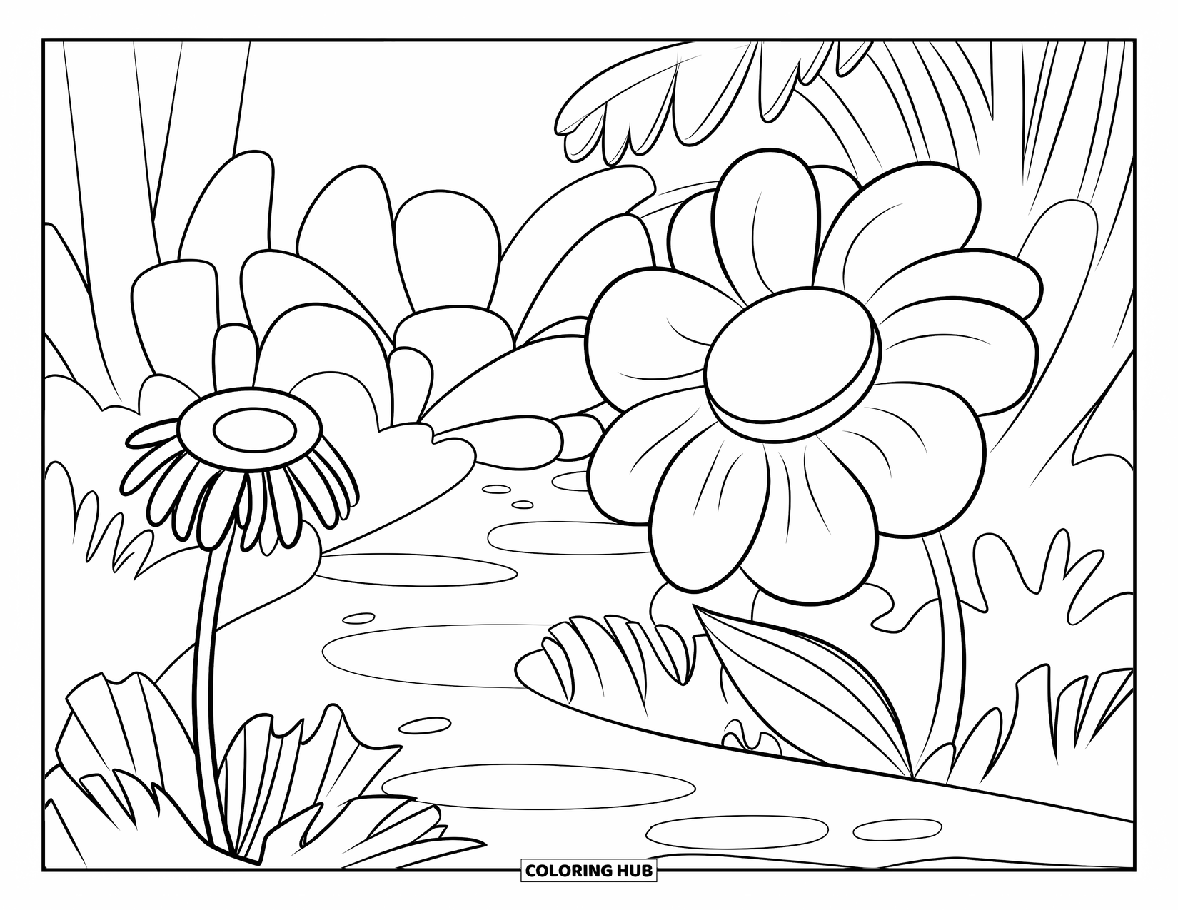 Jungle Coloring Page for Kids: A jungle pathway leads to giant flowers surrounded by more ferns and blooms