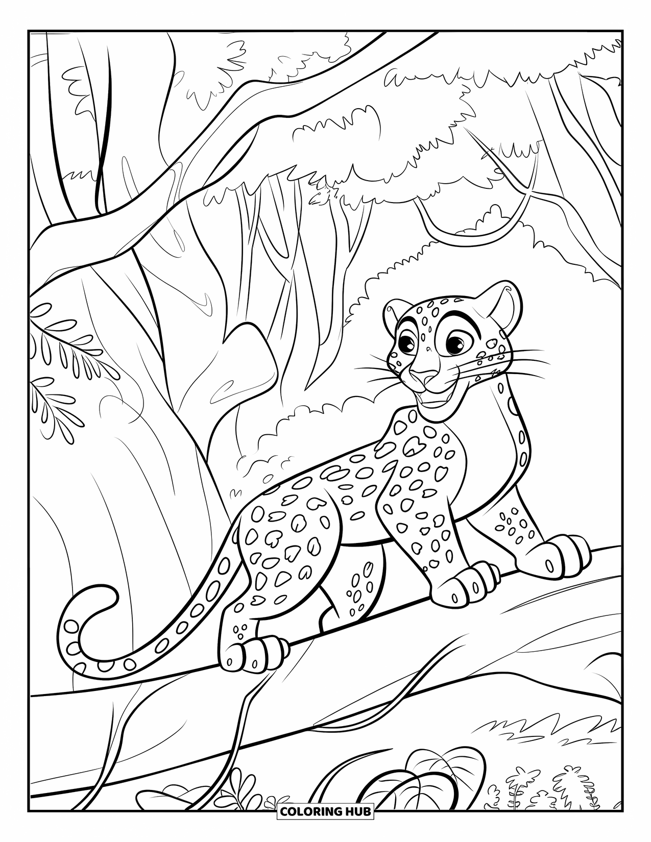 Jungle Coloring Page for Kids: A leopard perches high on a branch overlooking the dense jungle below