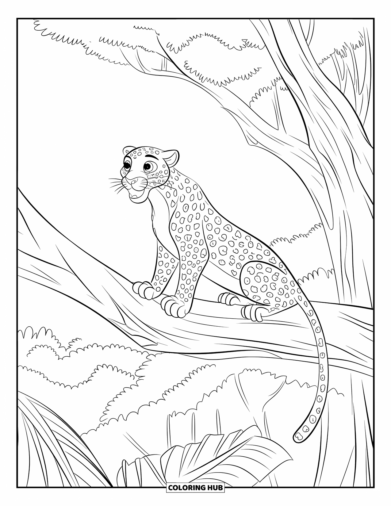 Jungle Coloring Page for Kids: A leopard sits alert on a thick branch above a jungle filled with trees