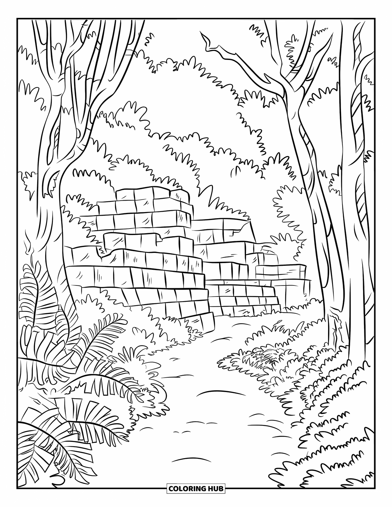 Jungle Coloring Page for Kids: A lush jungle path leads to ancient ruins hidden by thick foliage