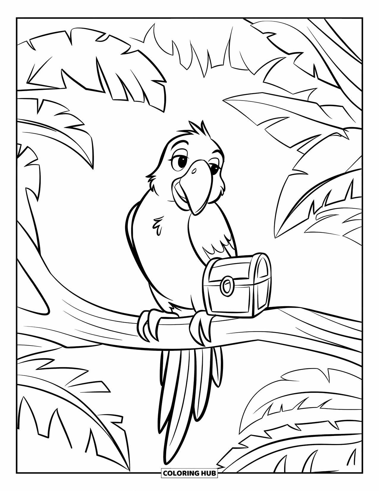 Jungle Coloring Page for Kids: A parrot holding a tiny treasure chest sits on a branch in a lush forest
