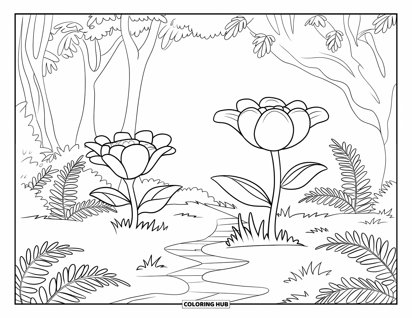 Jungle Coloring Page for Kids: A peaceful jungle path leads to giant flowers and ferns surrounded by trees