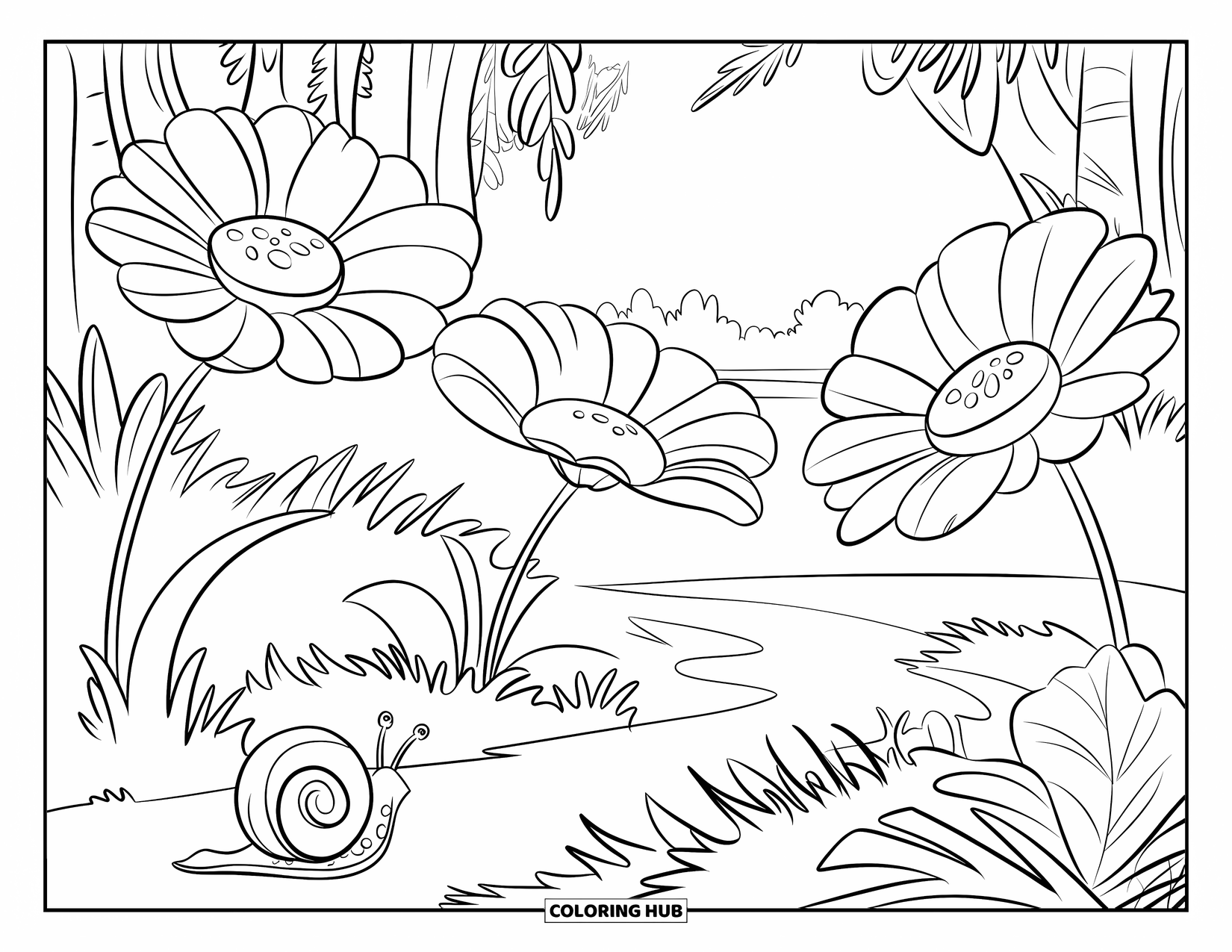 Jungle Coloring Page for Kids: A peaceful jungle scene with giant flowers, ferns, and a snail on the path