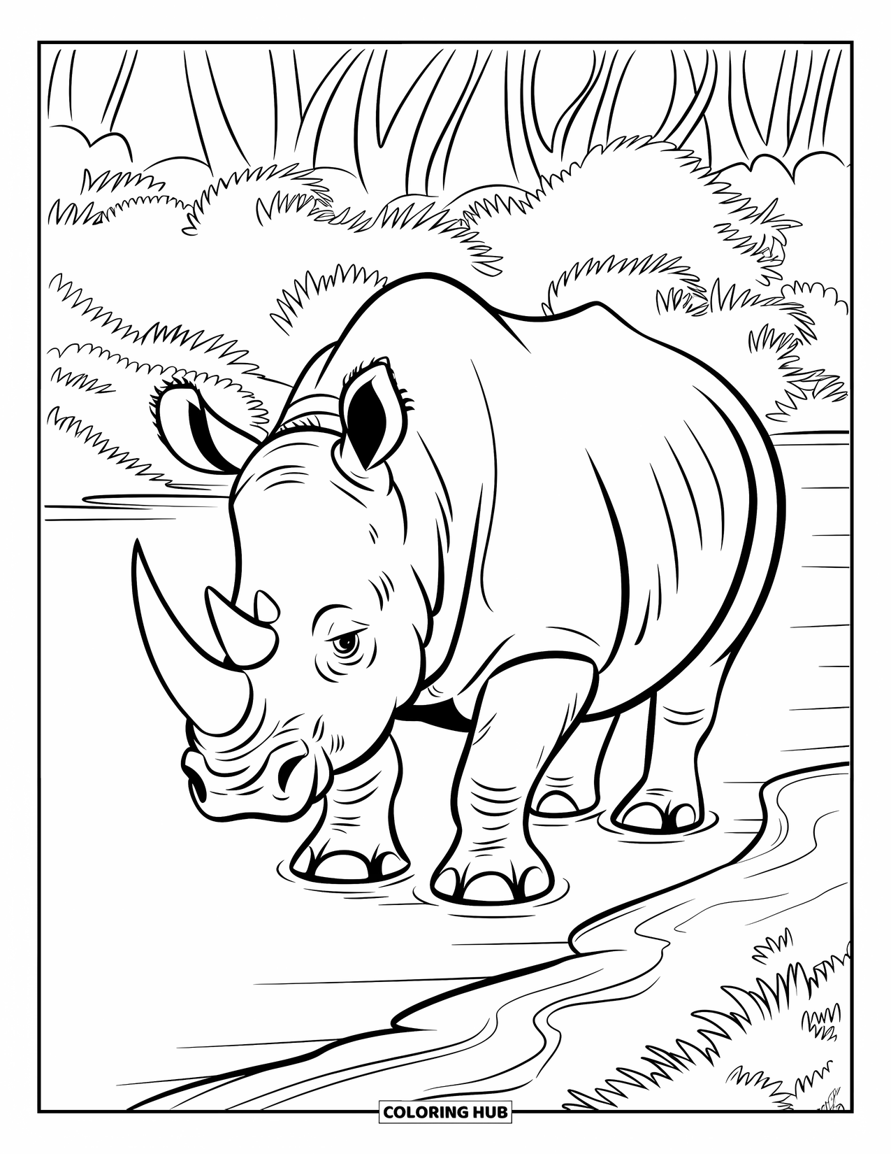 Jungle Coloring Page for Kids: A rhinoceros stands by the water's edge surrounded by thick jungle leaves