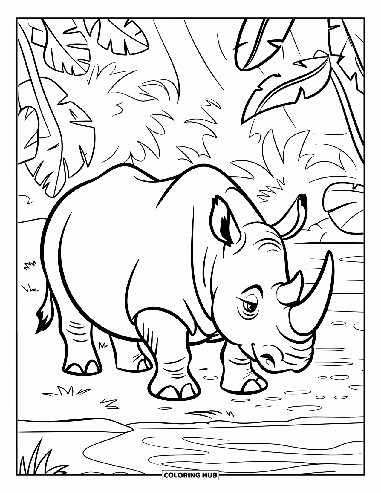 Jungle Coloring Page for Kids: A rhinoceros with a big horn basks near the riverbank lined with lush greenery