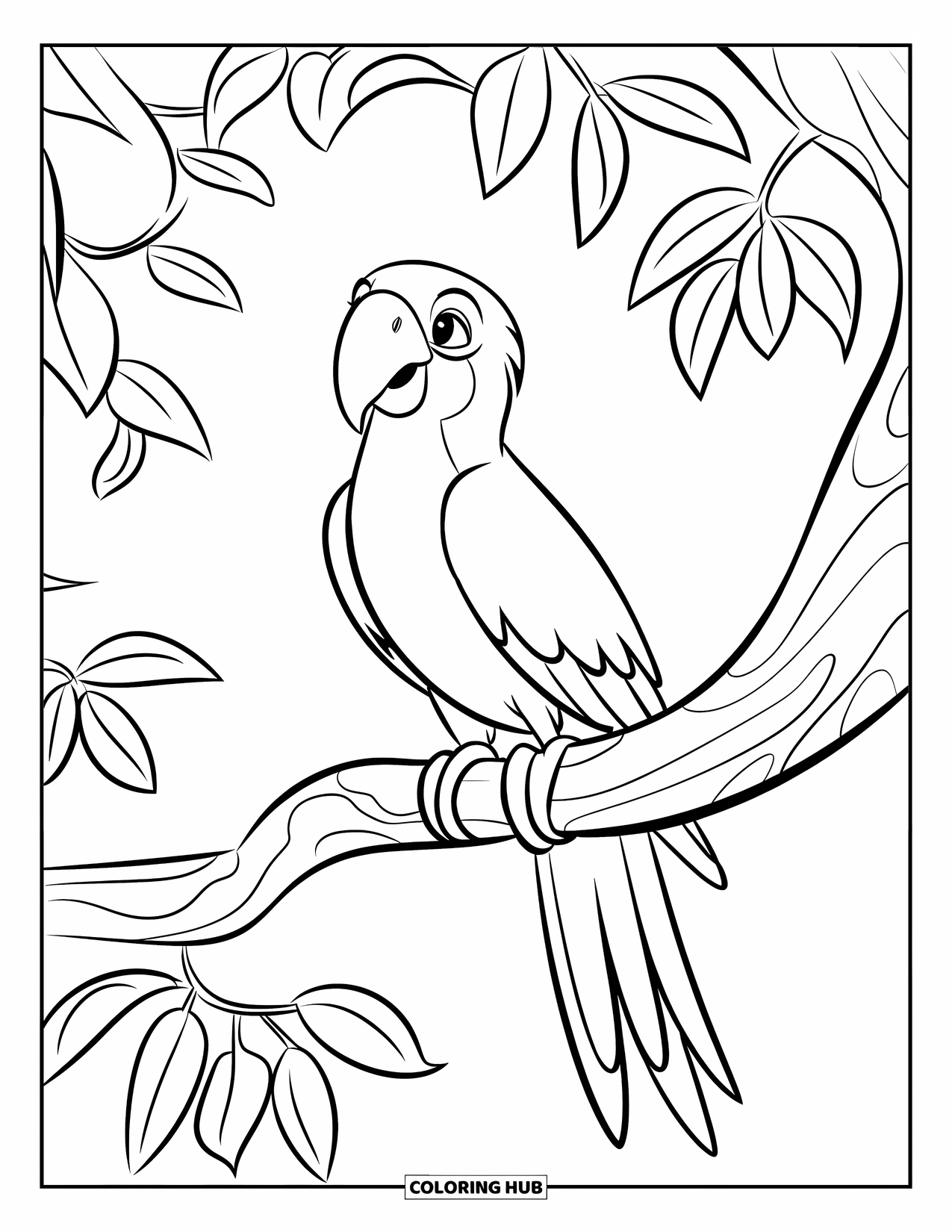 Jungle Coloring Page for Kids: A simple parrot perches on a thick tree branch with big leafy greenery