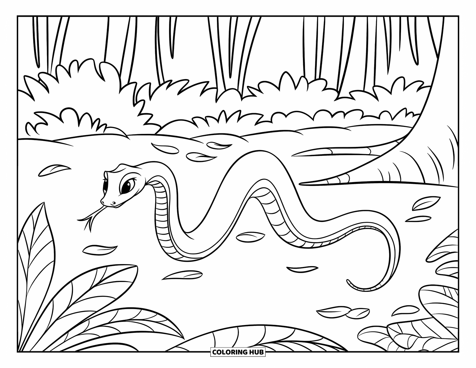 Jungle Coloring Page for Kids: A snake coils around a tree trunk surrounded by leafy jungle ground