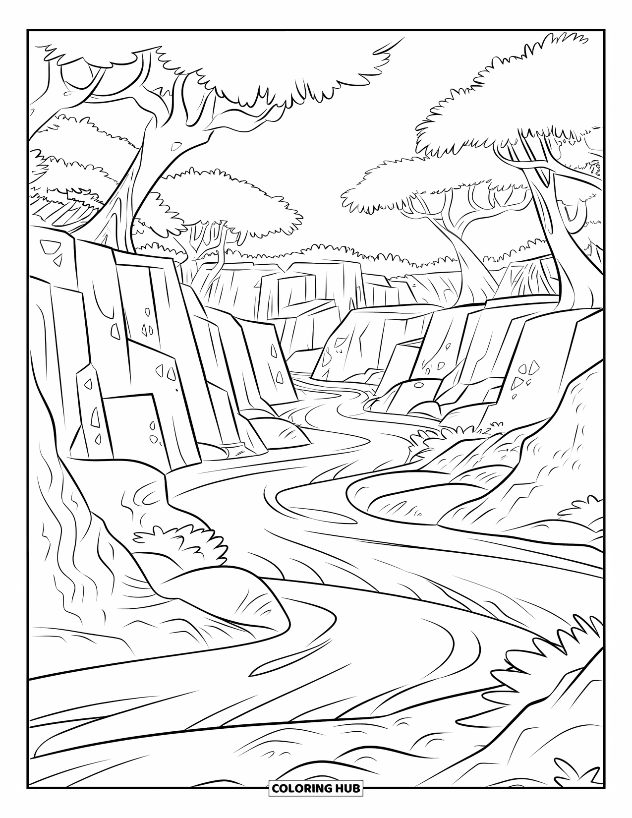Jungle Coloring Page for Kids: A swirling jungle river with small waterfalls flows between trees and rocky cliffs