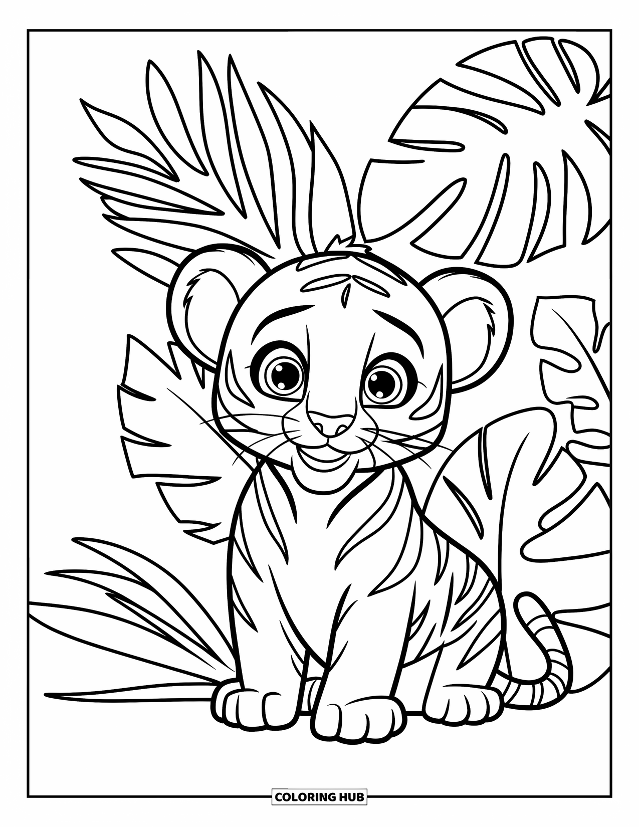Jungle Coloring Page for Kids: A wide-eyed tiger cub sits happily next to tropical plants with bold leaves