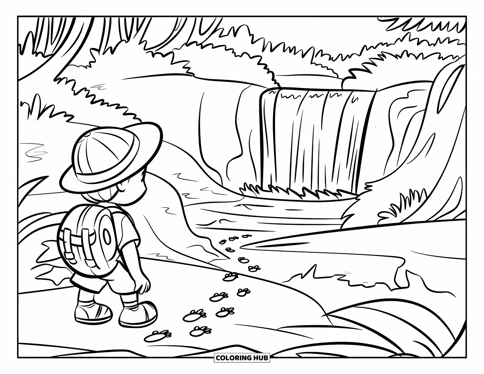 Jungle Coloring Page for Kids: A young explorer spots a hidden jungle waterfall from a rocky clearing