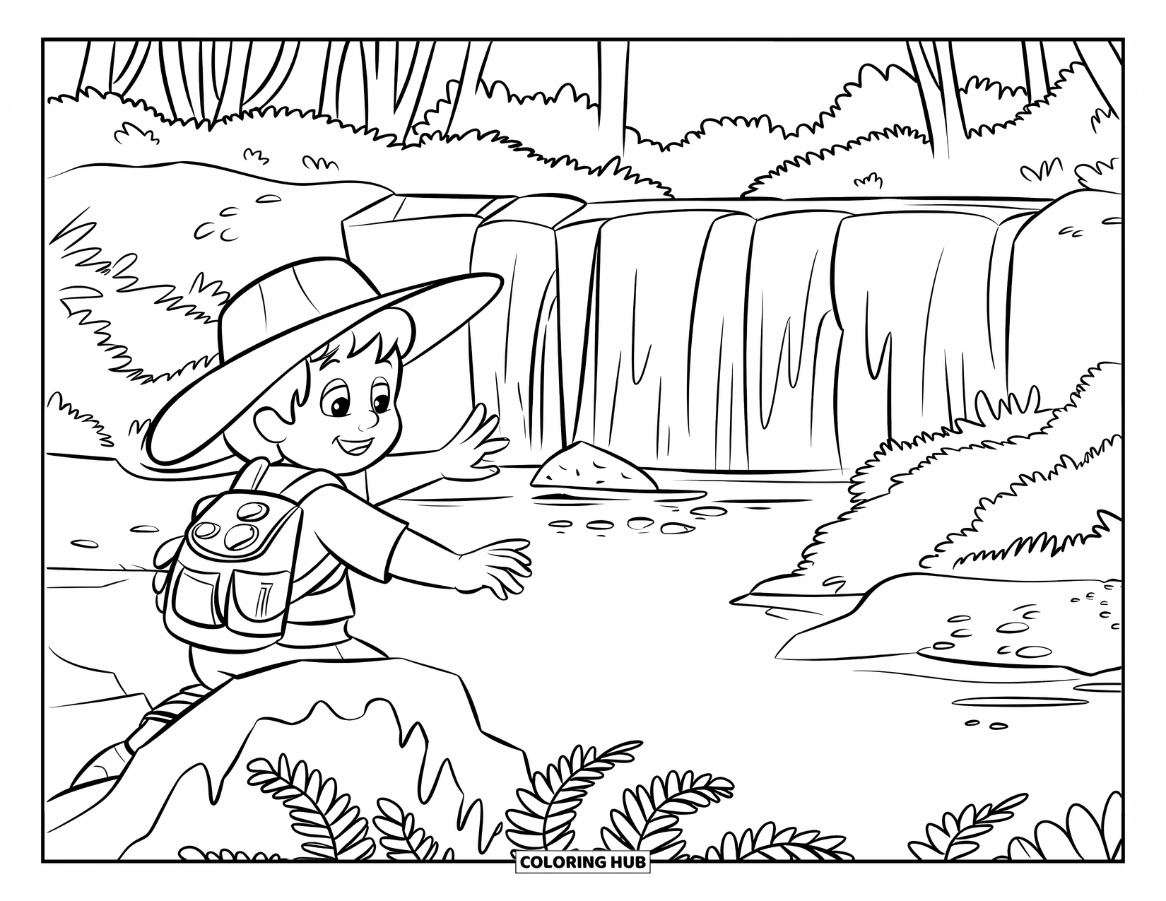 Jungle Coloring Page for Kids: A young explorer spots a hidden jungle waterfall while standing on a rock