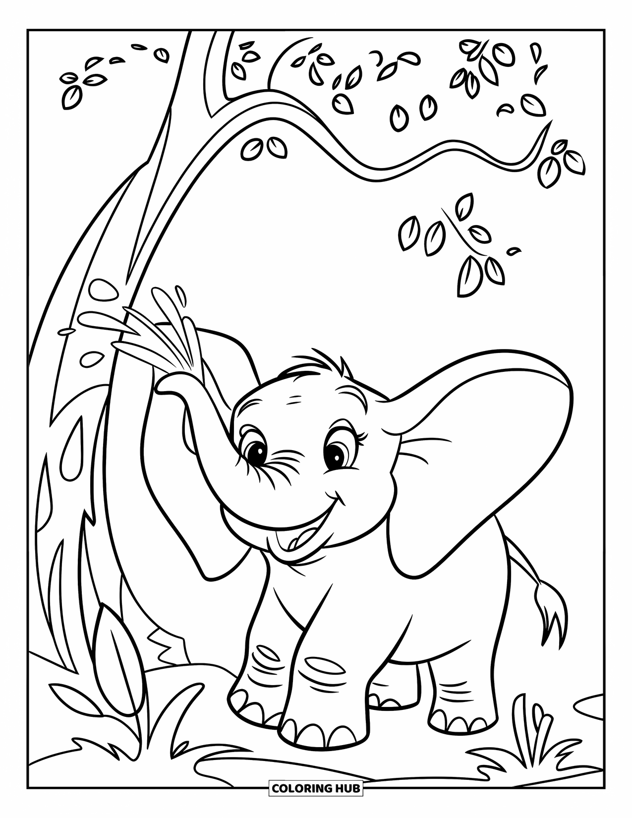 Jungle Coloring Page for Kids: An elephant with big eyes sprays water under a leafy jungle tree