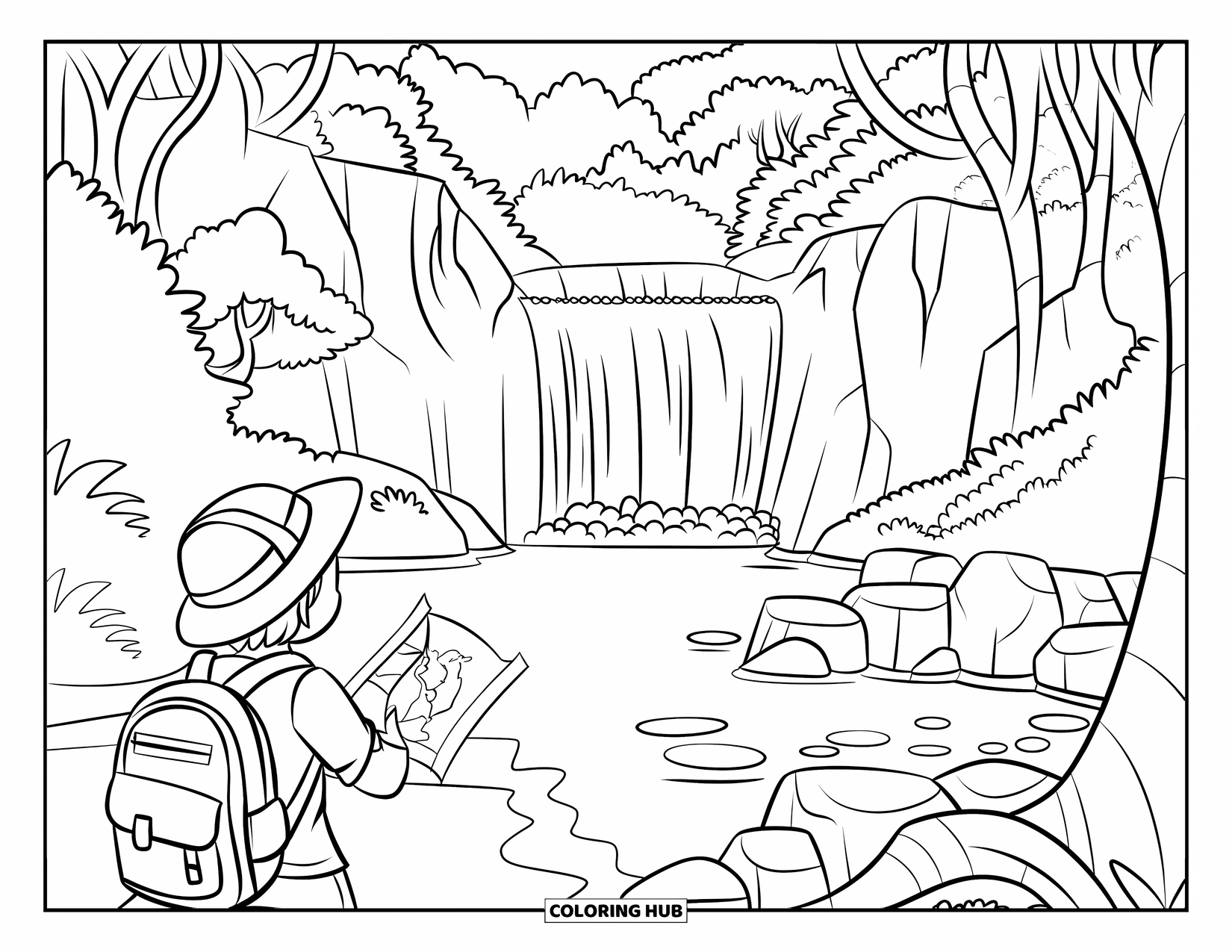 Jungle Coloring Page for Kids: An explorer with a map discovers a hidden jungle waterfall near a small bridge
