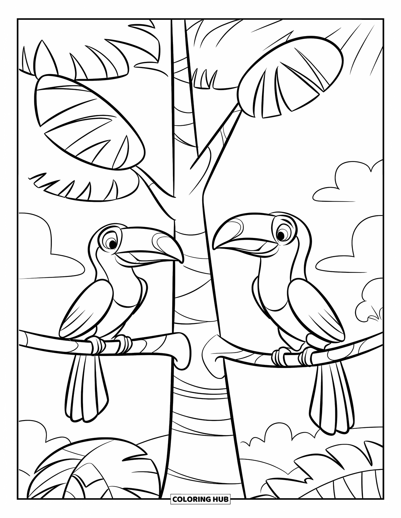 Jungle Coloring Page for Kids: Two toucans chat on different branches of a tall tree under a bright sky