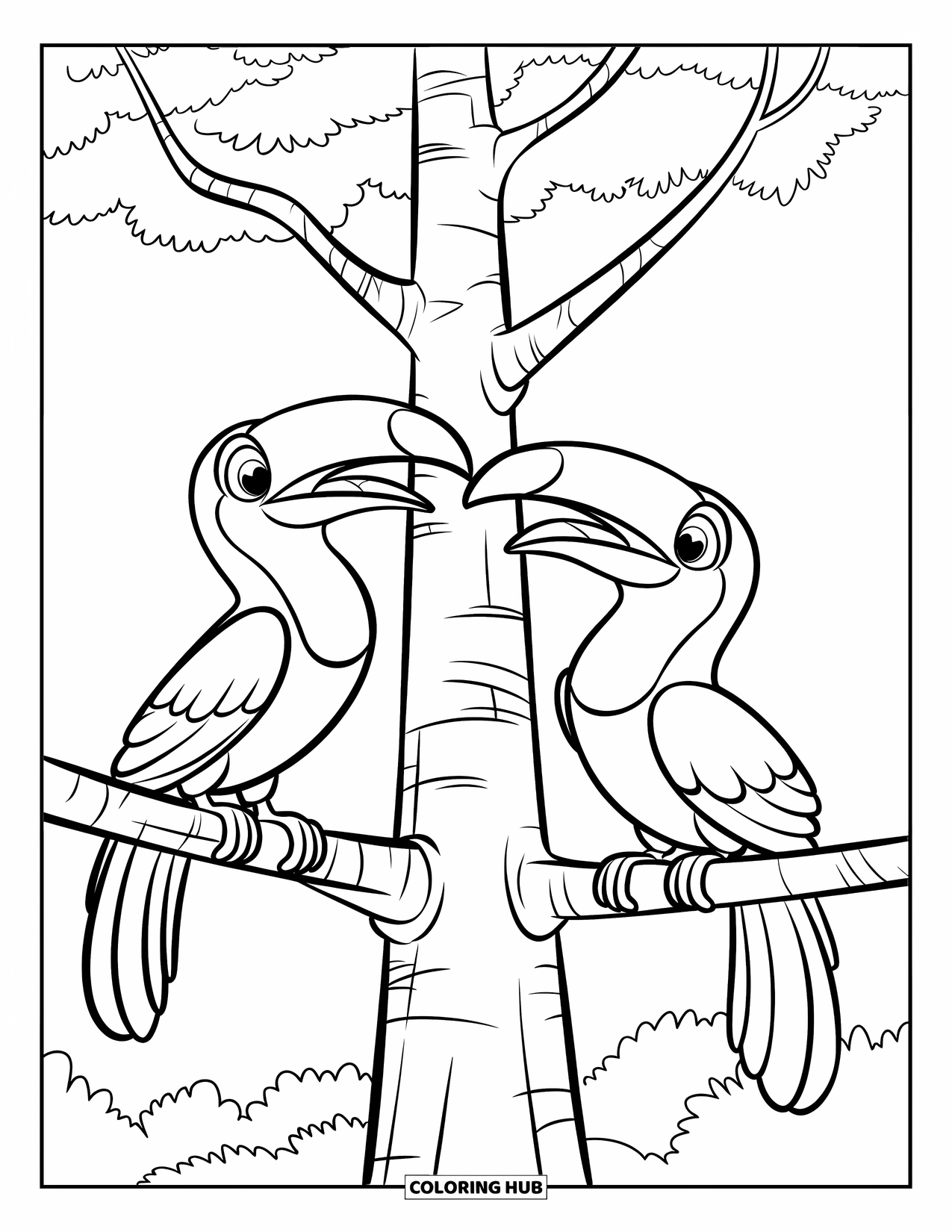 Jungle Coloring Page for Kids: Two toucans with bold outlines chat on branches under a clear jungle sky
