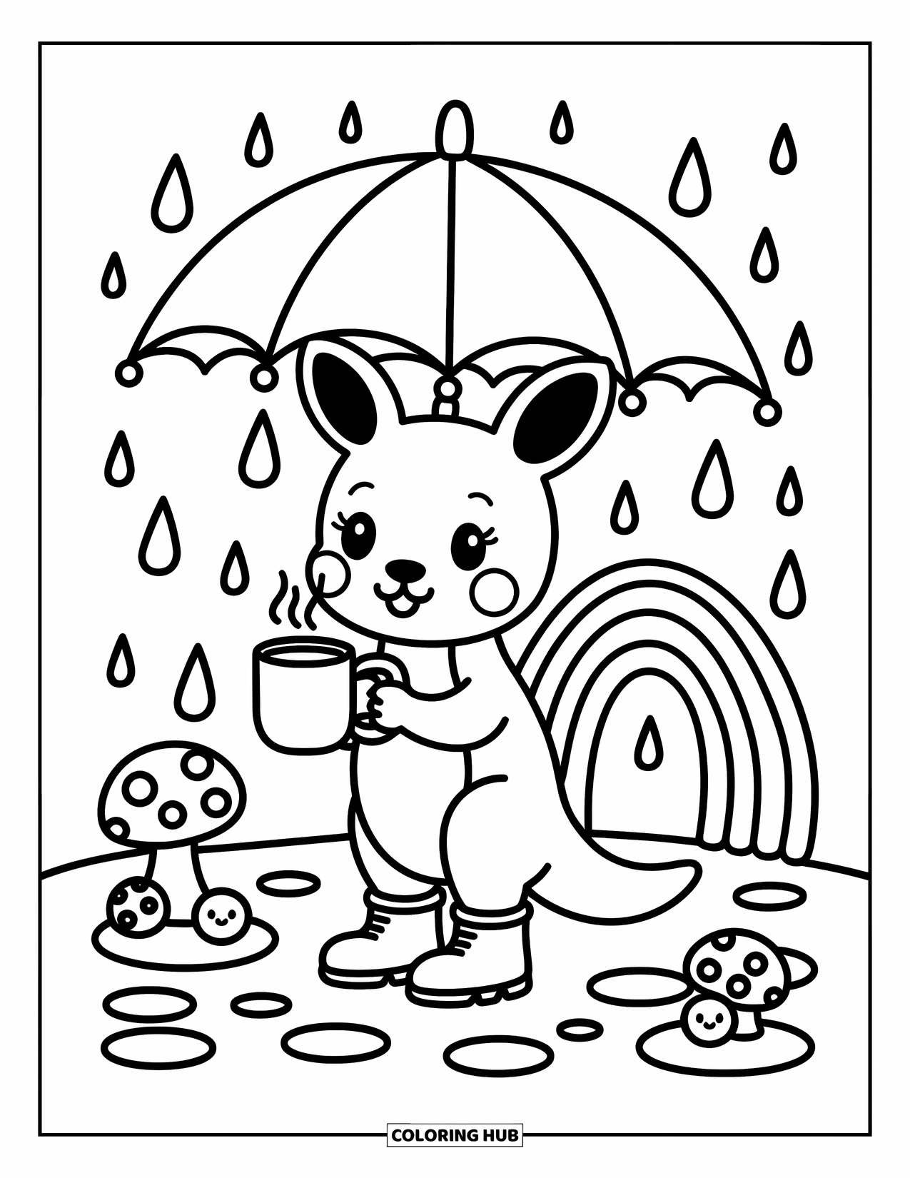 Kangaroo Coloring Page for Adults: A cozy kangaroo stands in the rain with boots and a mug beneath a giant leaf