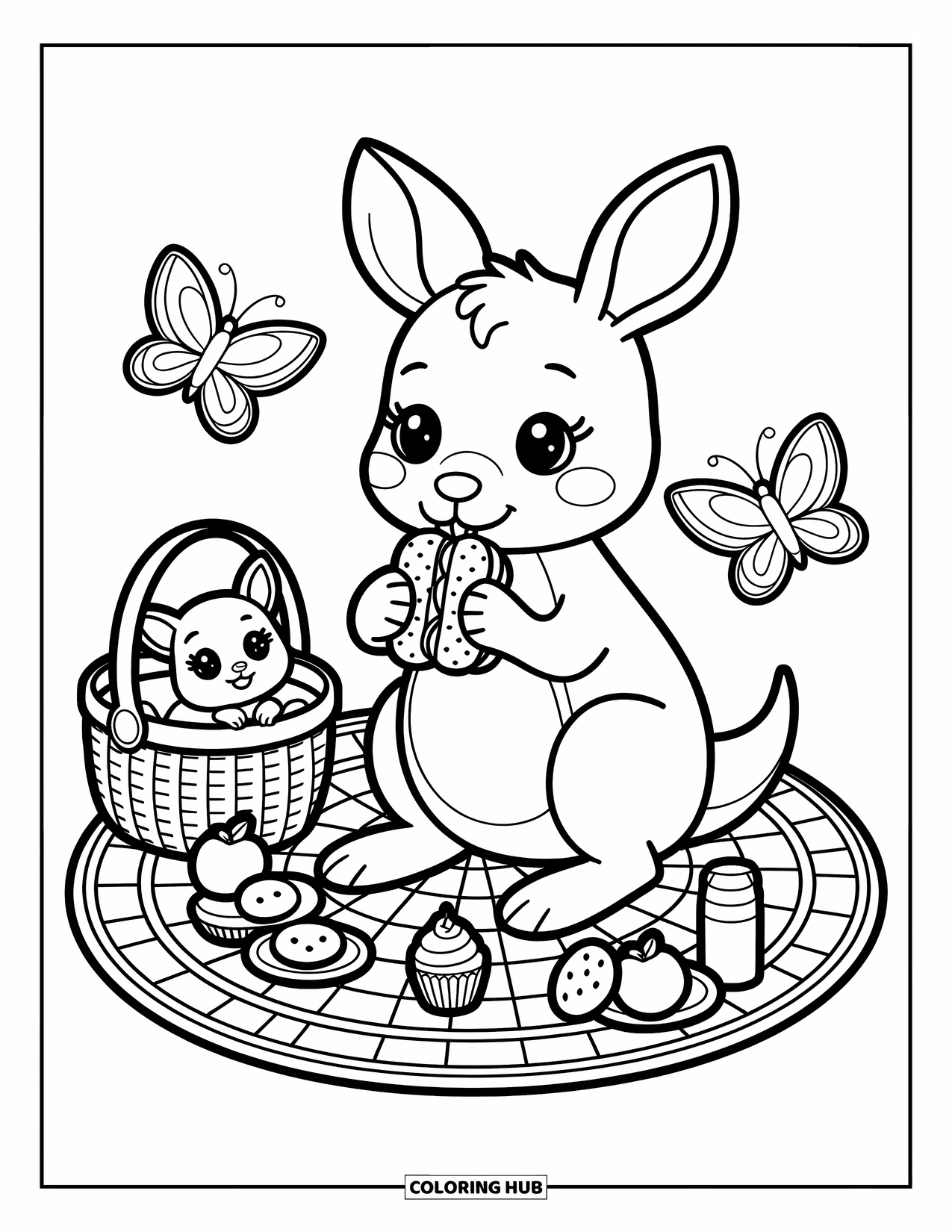 Kangaroo Coloring Page for Adults: A cozy picnic with a sandwich-eating kangaroo, curious joey, and fluttering butterflies all around
