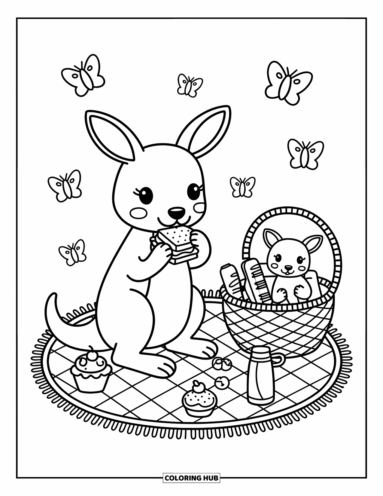 Kangaroo Coloring Page for Adults: A happy kangaroo nibbles a sandwich on a picnic mat while a joey peeks from the basket