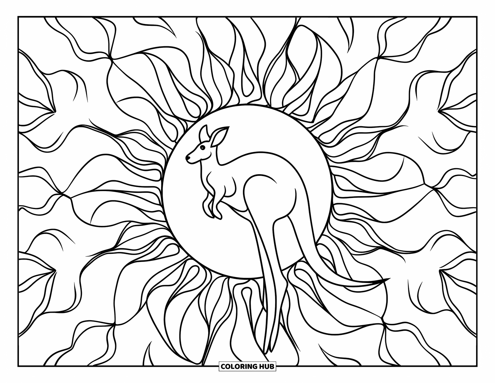 Kangaroo Coloring Page for Adults: A hopping kangaroo is centered in a mandala of petals and swirling stem designs