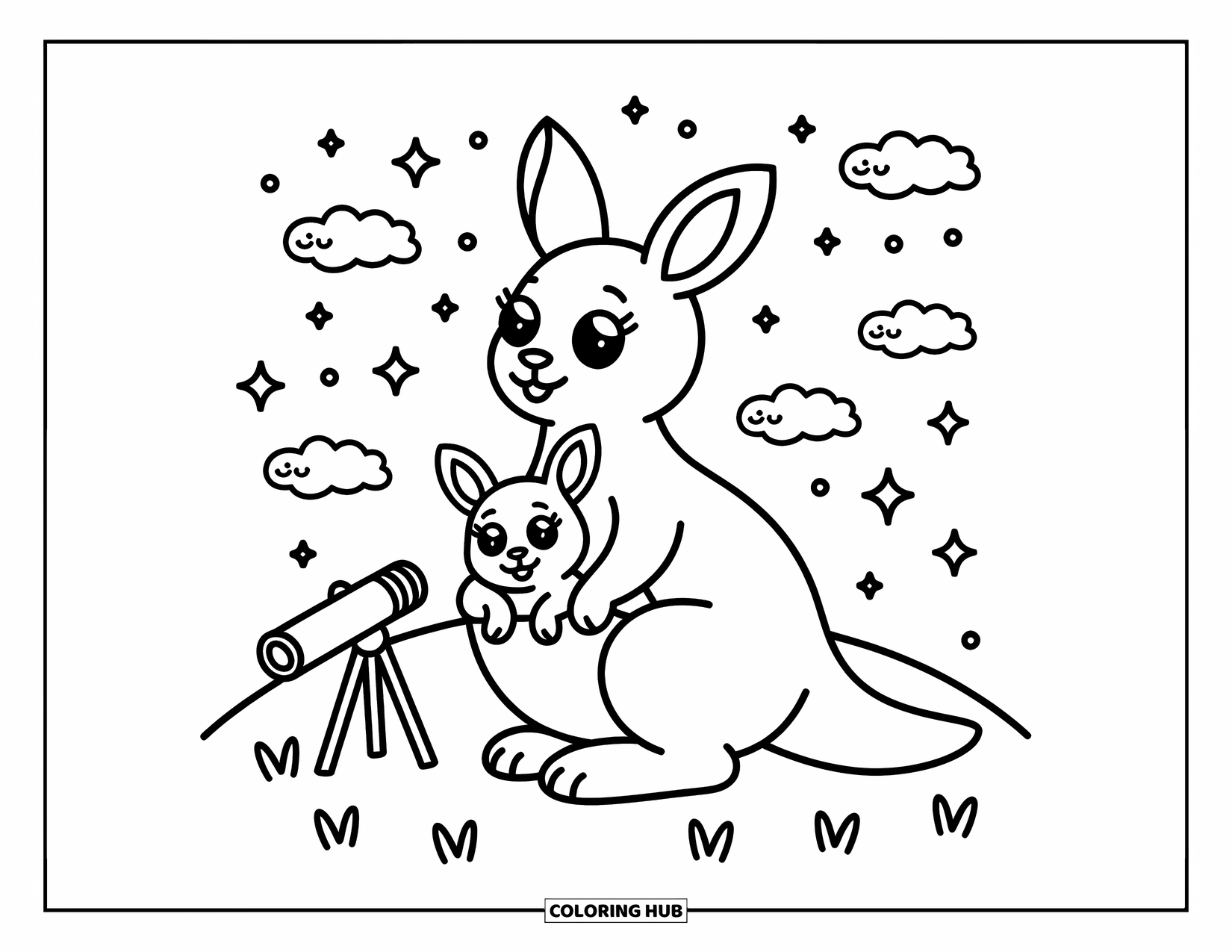 Kangaroo Coloring Page for Adults: A kangaroo and her joey sit on a hill, gazing at the starry night with a telescope