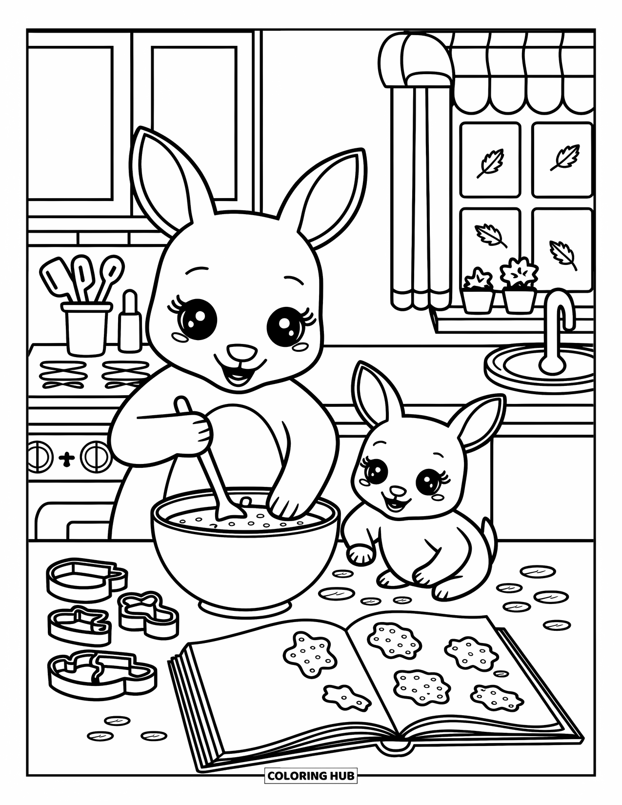 Kangaroo Coloring Page for Adults: A kangaroo and joey bake together in a cozy kitchen filled with cookie cutters and flour