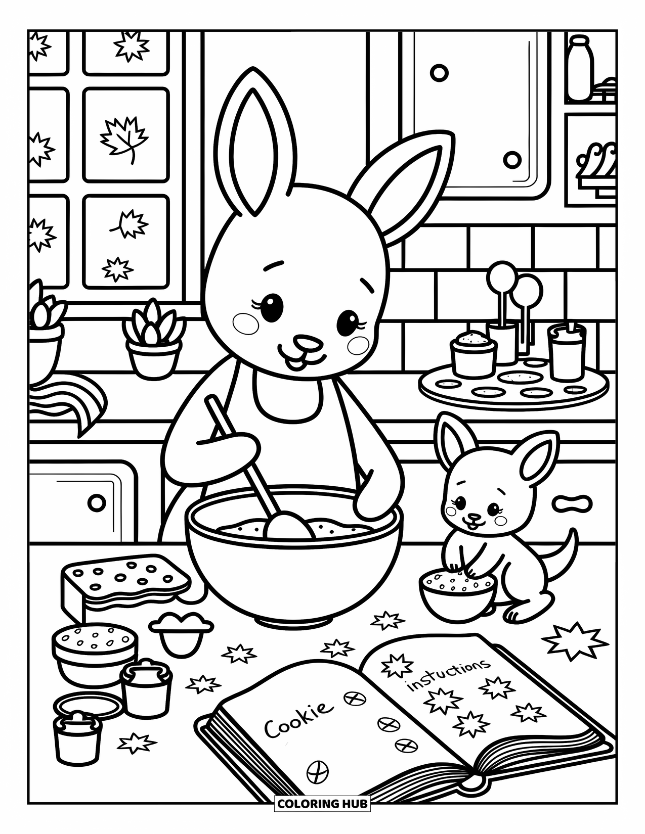 Kangaroo Coloring Page for Adults: A kangaroo and joey prepare snacks in a warm kitchen with flour, cookies, and falling leaves