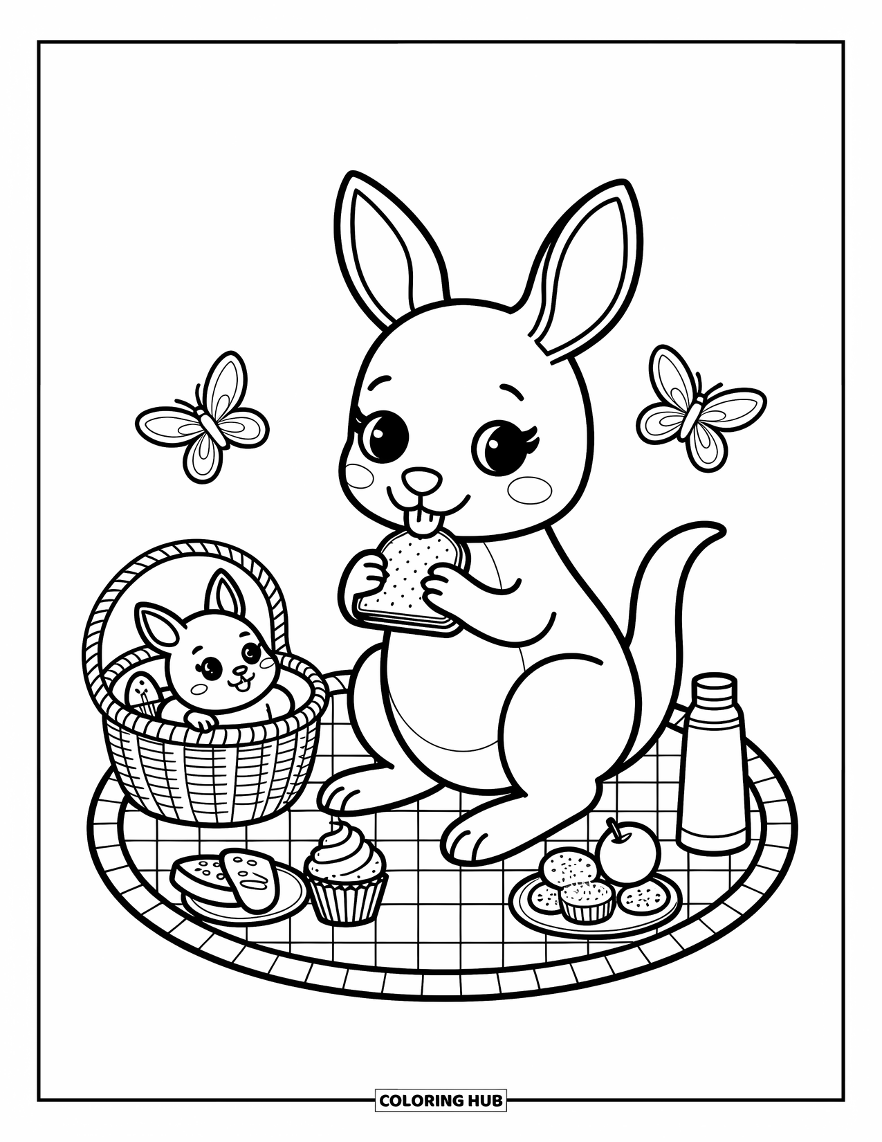 Kangaroo Coloring Page for Adults: A kangaroo enjoys a sandwich at a picnic while butterflies flutter and snacks fill the mat